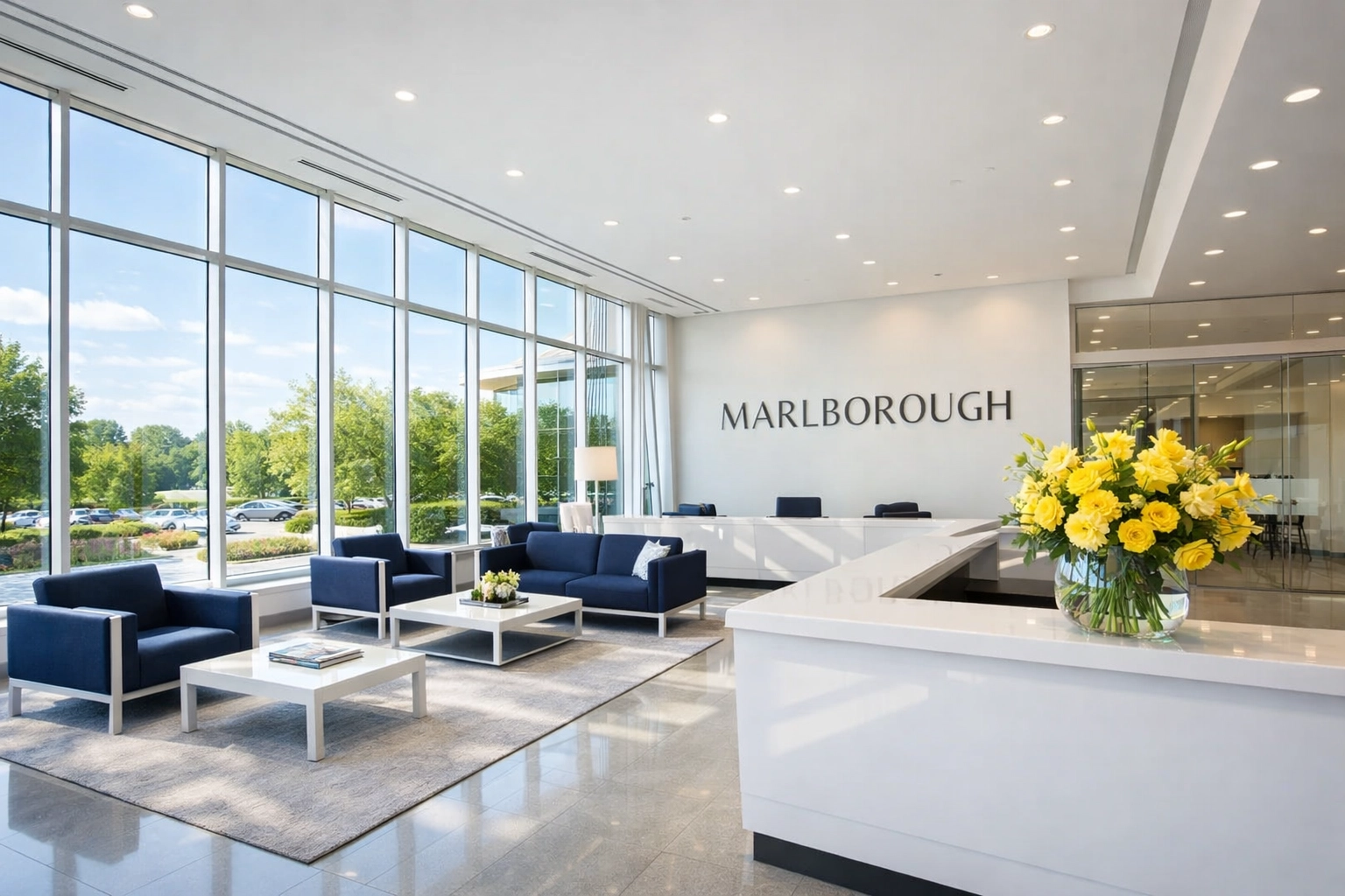 Clean and bright professional office lobby in Marlborough featuring modern furniture and spotless surfaces.