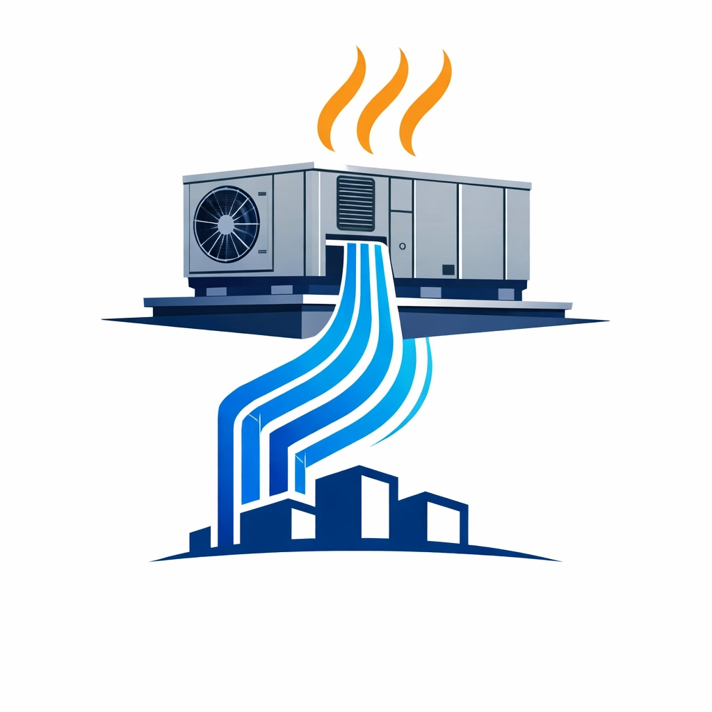 Vector illustration showing efficient operation of a commercial rooftop HVAC unit after a spring service call.