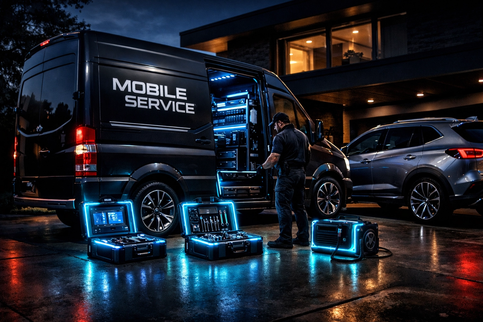 Mobile Replacement vs. In-Shop: Which Is Actually Better? Professional mobile auto glass repair van servicing a vehicle in a residential driveway for convenience.