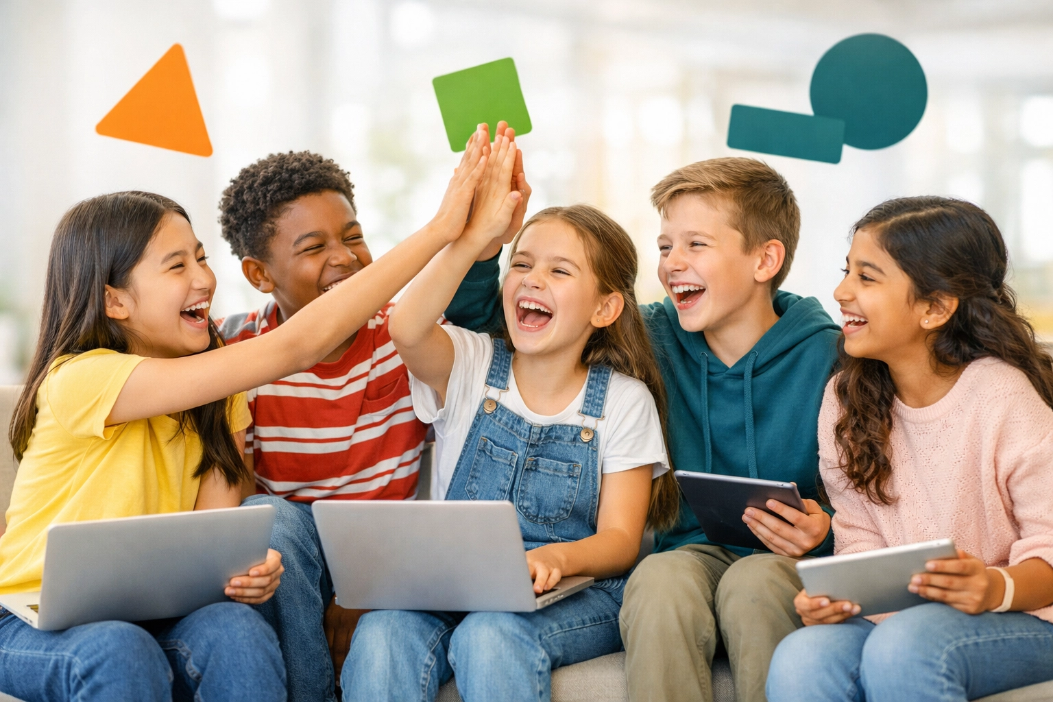 Happy children celebrating learning success with life skills courses online