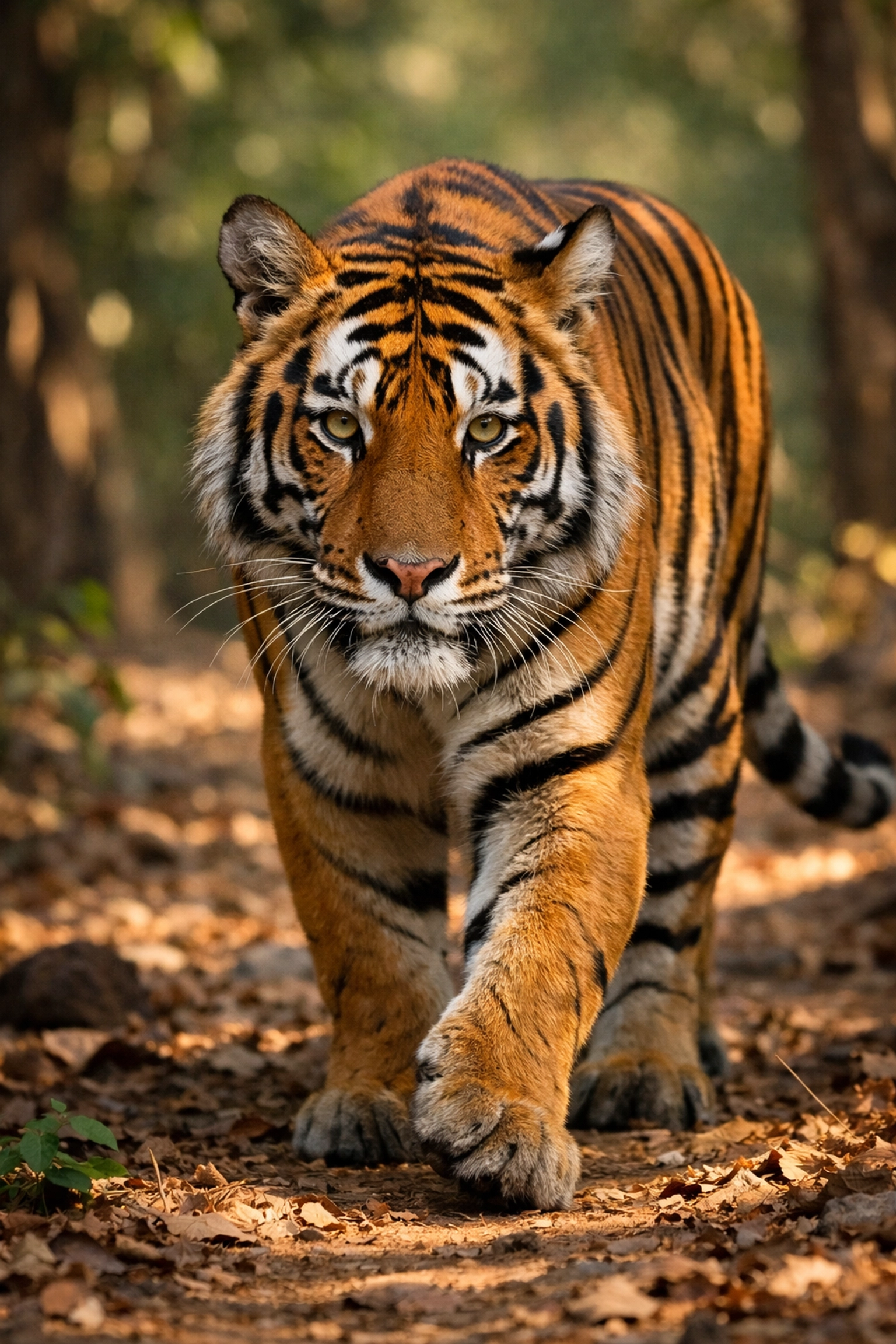 A wild Bengal tiger prowling through a sun-dappled forest, symbolizing strength and global conservation success.
