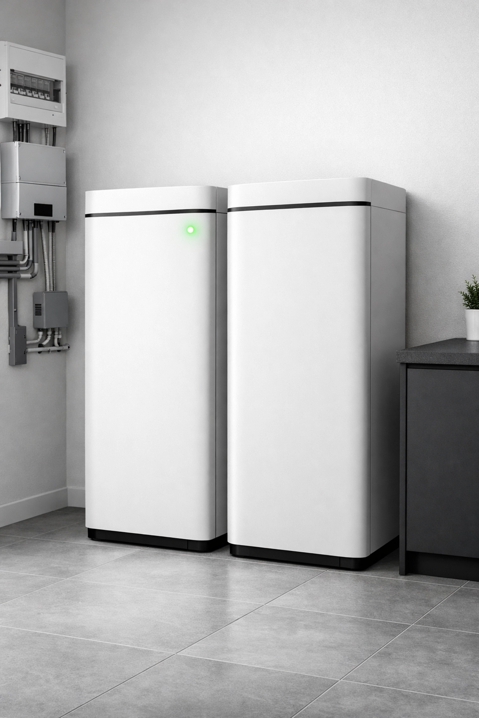 A modern home energy storage system with professional battery installation in a sleek utility room.