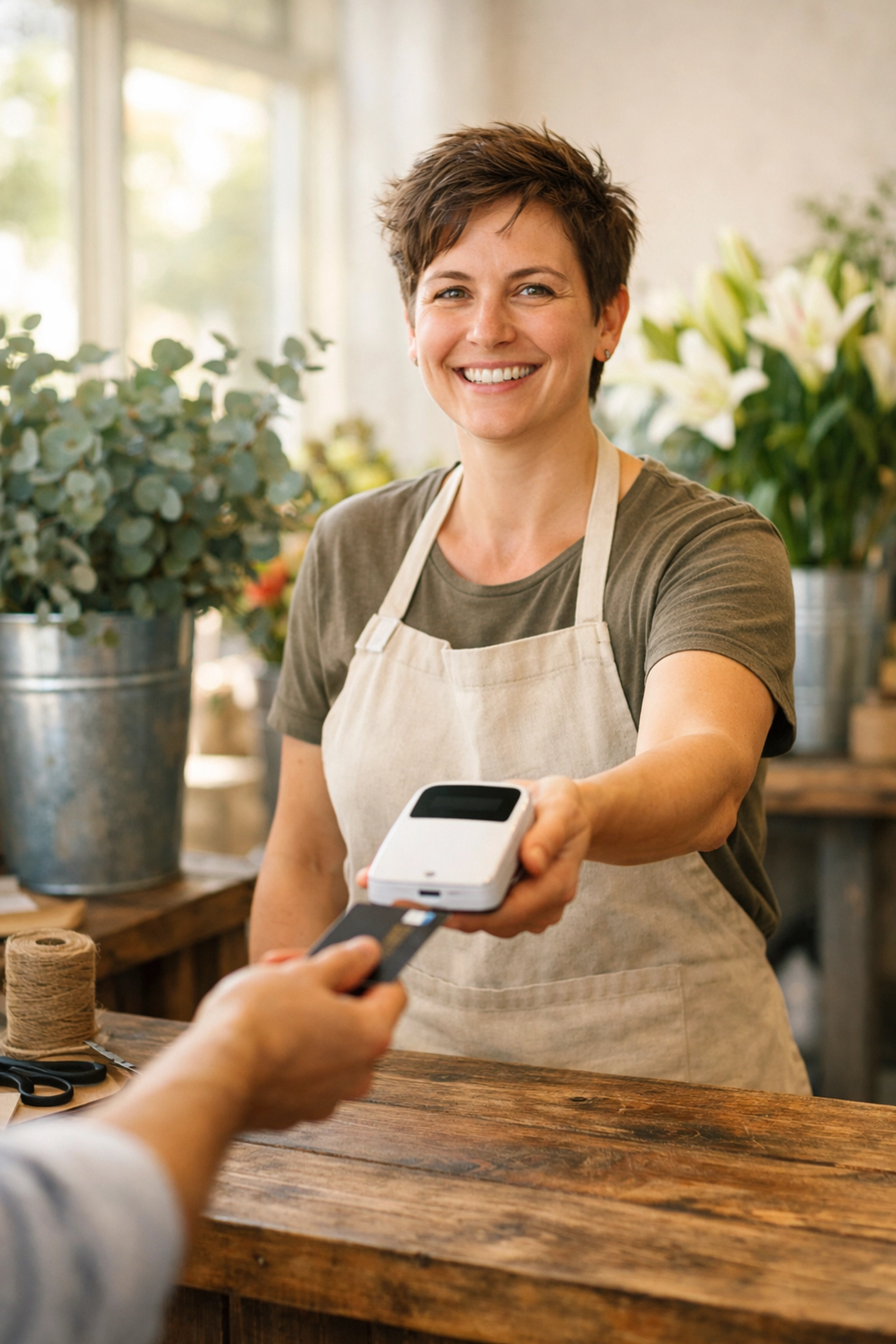 Small business owner using a compact card reader for a budget-friendly cheapest POS system.