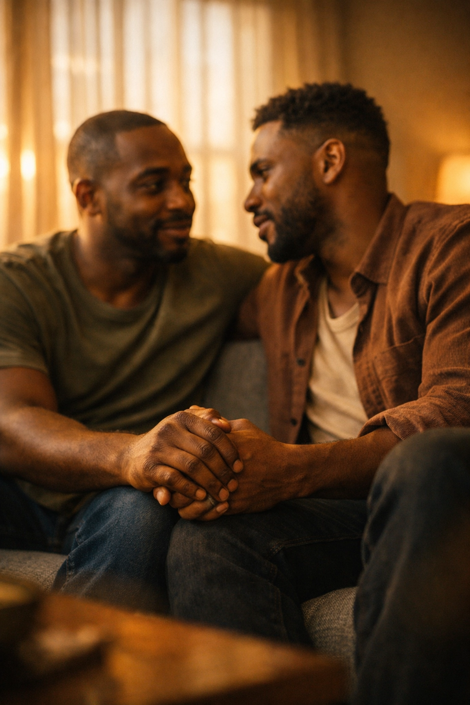 Black gay couple holding hands intimately on couch showing love and support