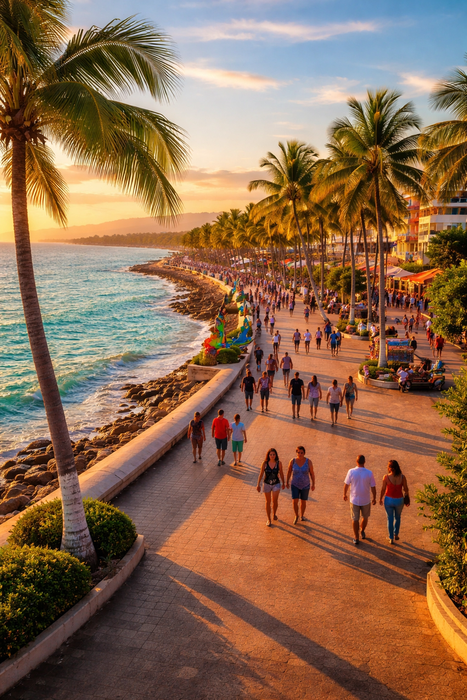 People strolling along the Puerto Vallarta Malecon boardwalk at sunset with ocean views and palm trees