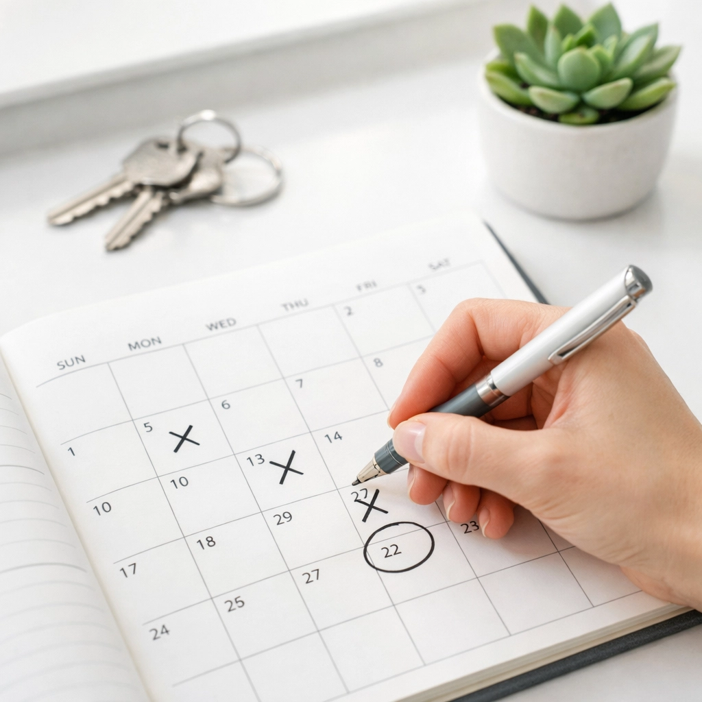Planning apartment turnover schedule on calendar with keys for optimal lease timing