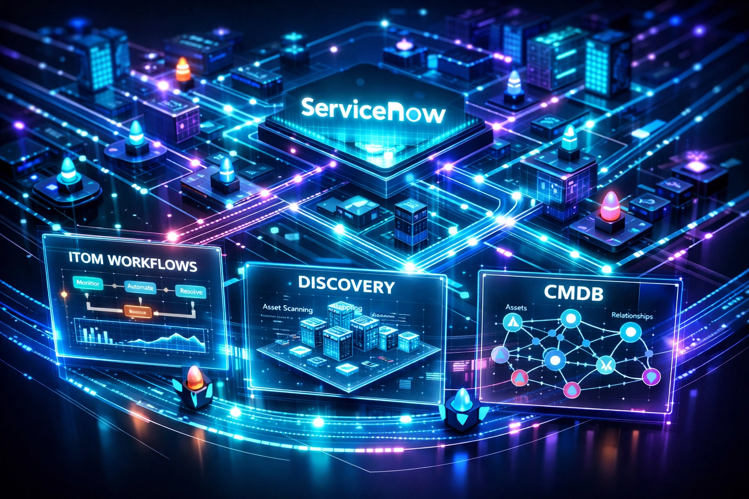 ServiceNow ITOM architecture showing CMDB integration and discovery workflow connections