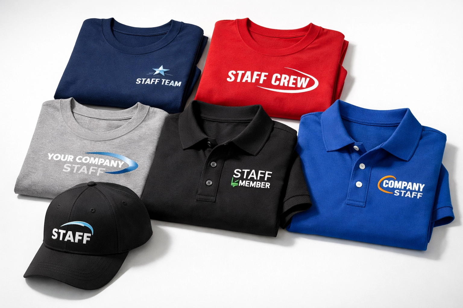 Custom staff apparel collection including branded t-shirts, polos, and hats for events