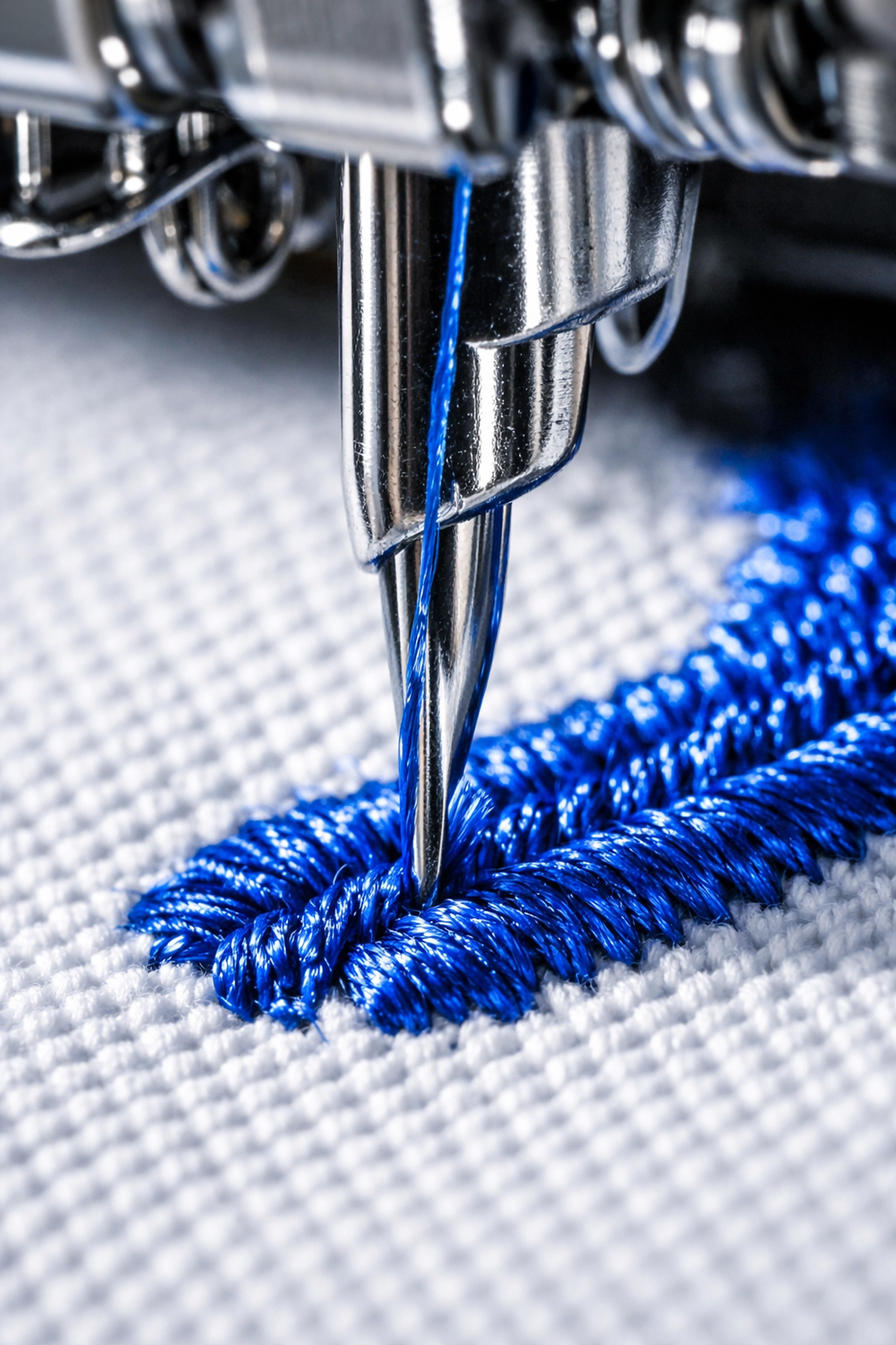 Detailed close-up of a professional embroidery machine stitching a logo onto a cotton polo shirt.