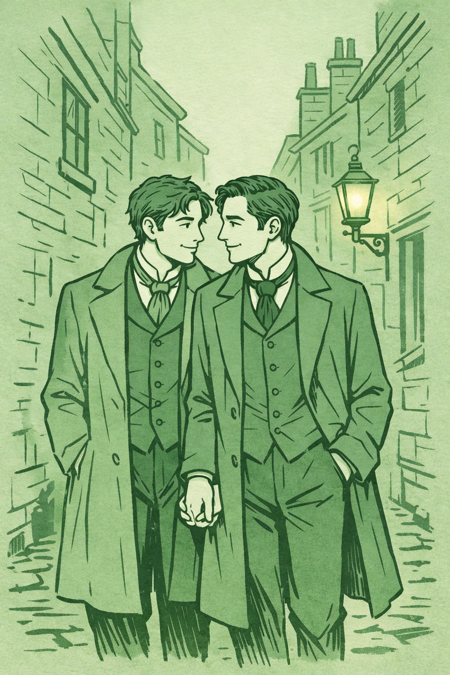 A gay historical romance illustration of two men walking through a Victorian Soho street hand-in-hand.