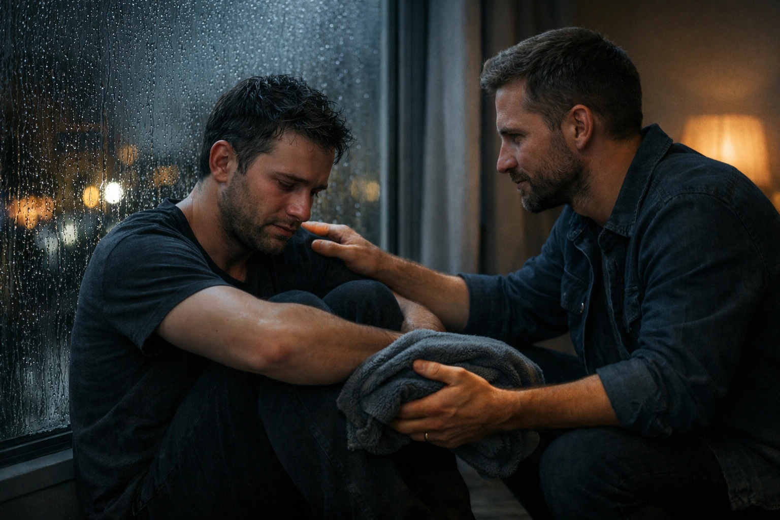 A supportive partner comforting a grieving man, reflecting themes of resilience in MM romance books.