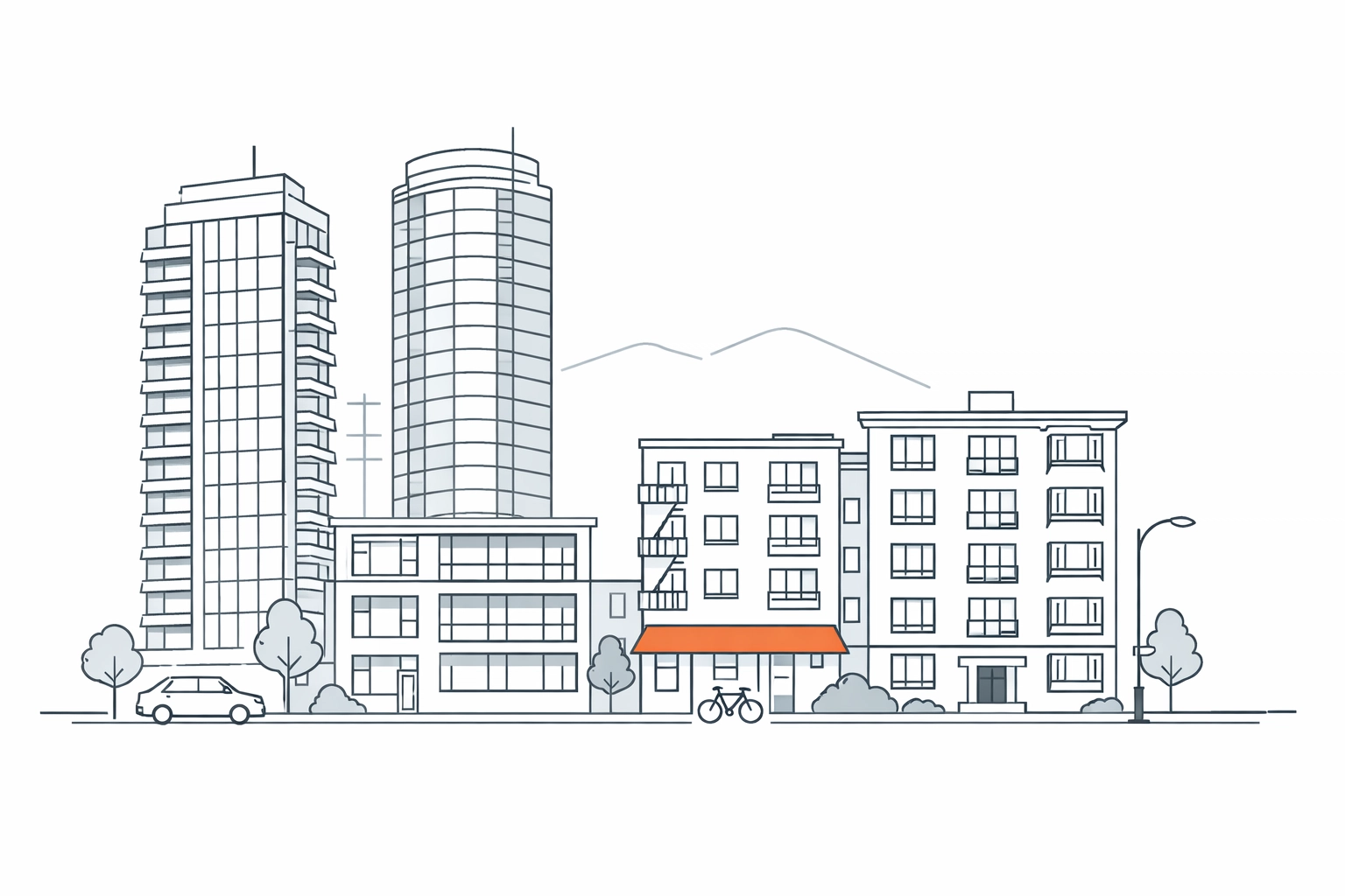 Minimalist illustration of Yaletown and West End apartment buildings in Vancouver.