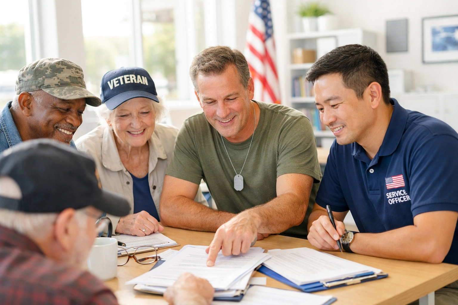 Veterans receiving benefits assistance from American Legion service officer at community meeting