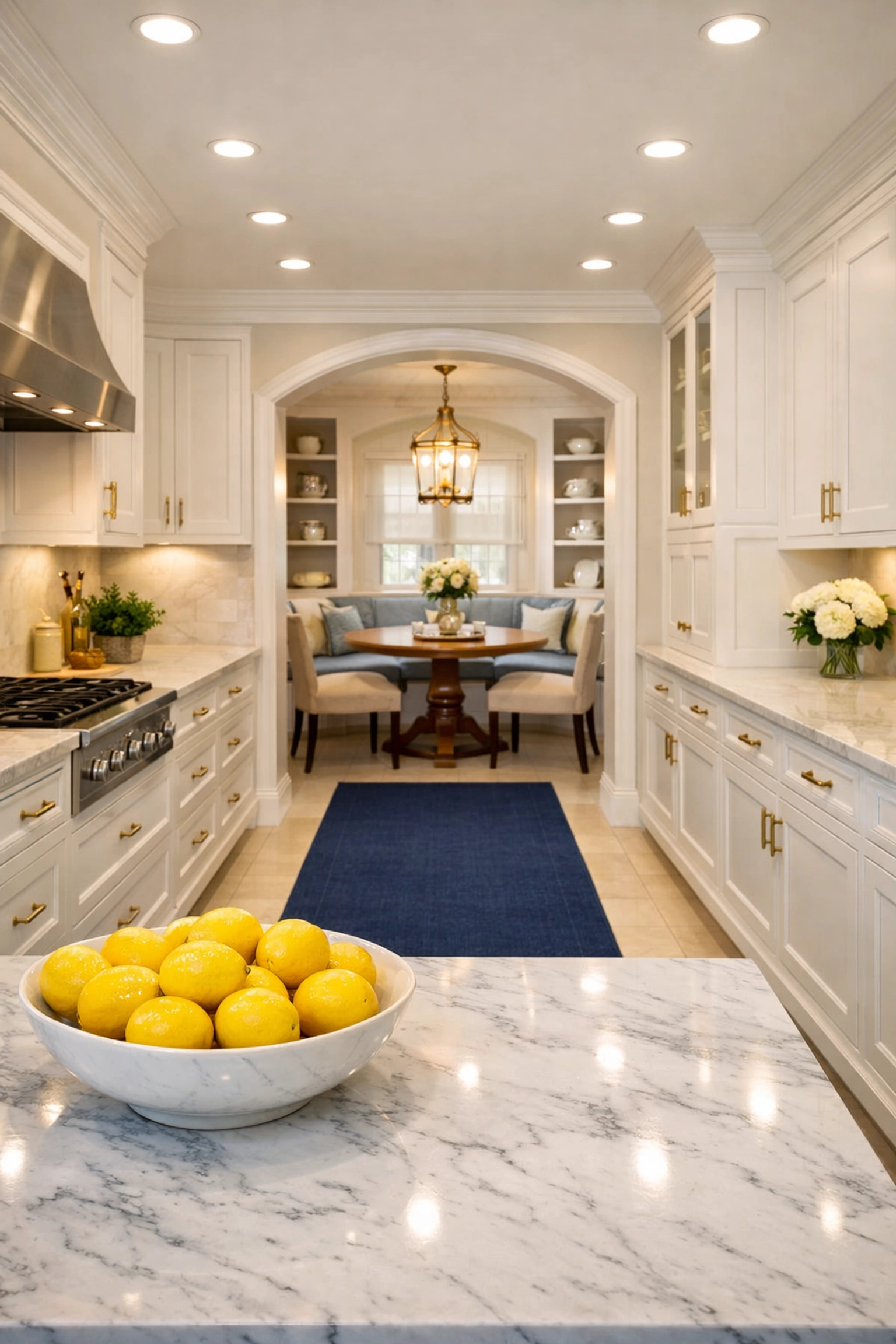 Sparkling clean luxury kitchen with white marble countertops after a deep cleaning Worcester service.