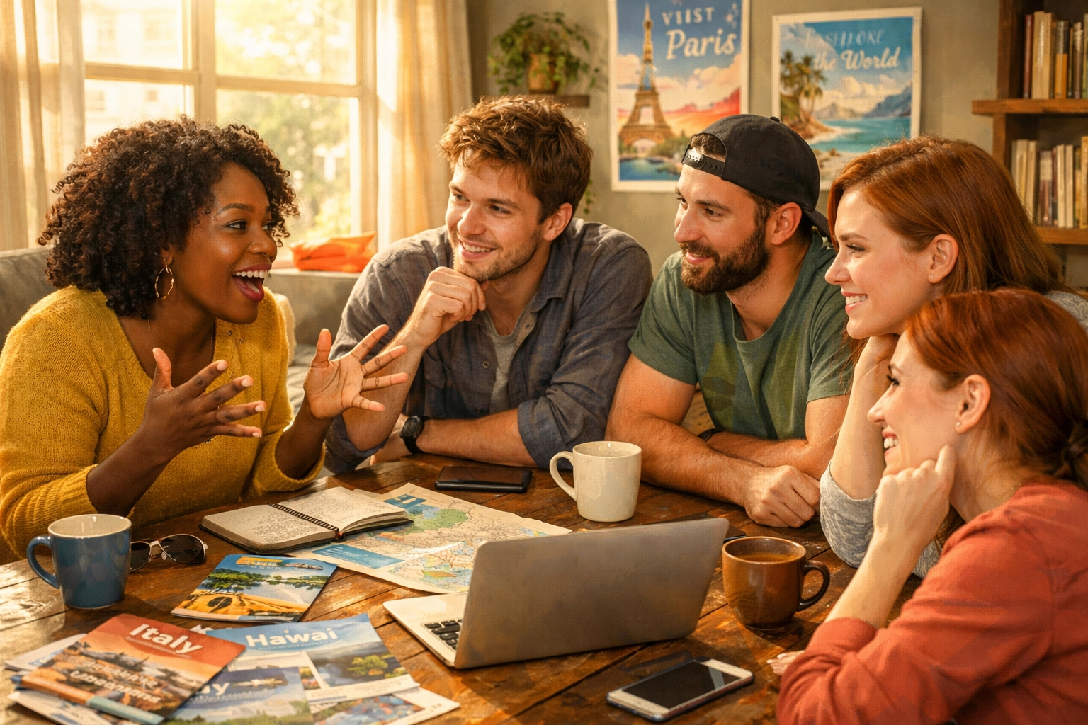 Friends discussing group trip budget and planning around table with travel brochures