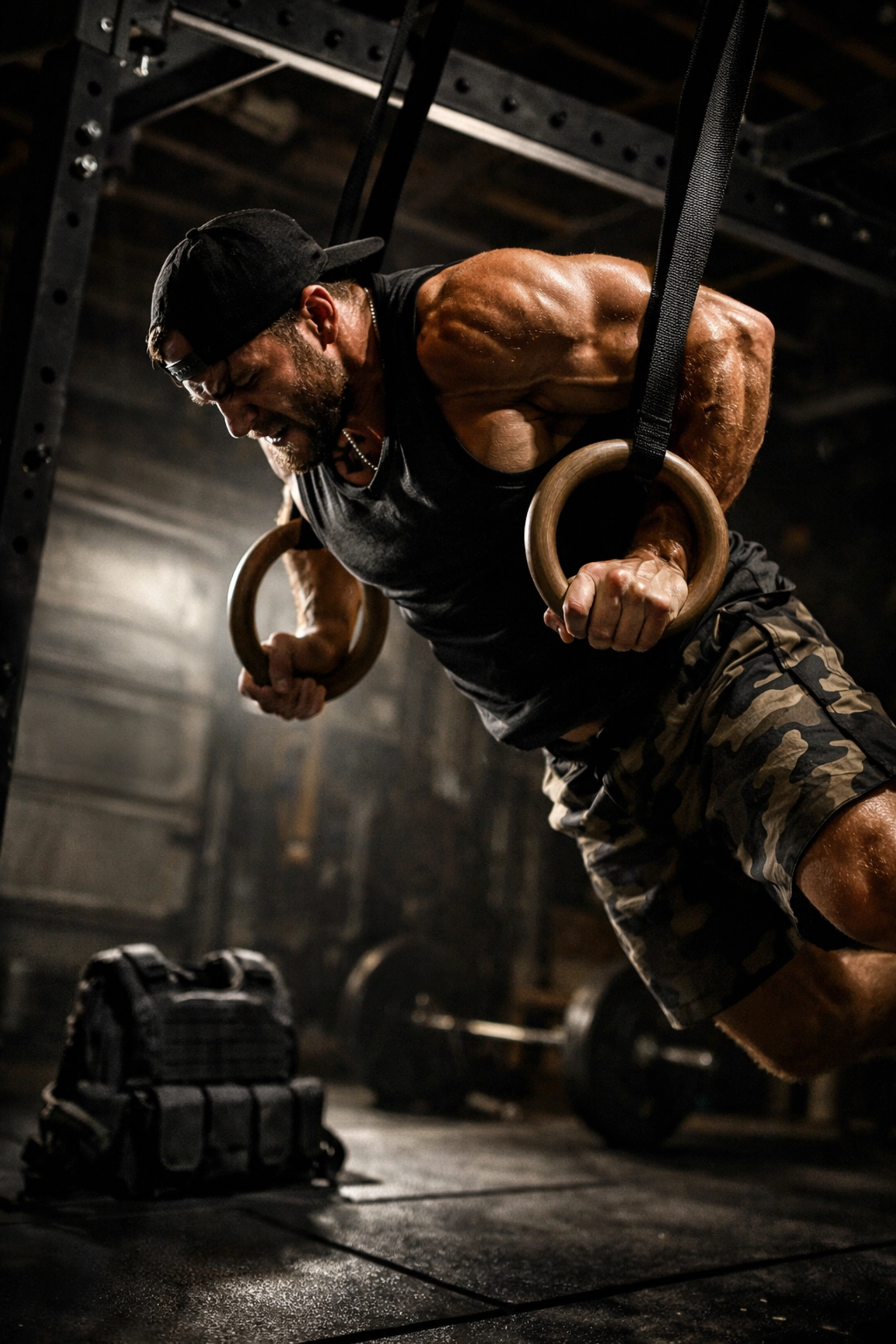 Athlete doing a muscle-up on gymnastic rings as part of a high-performance CrossFit home gym.