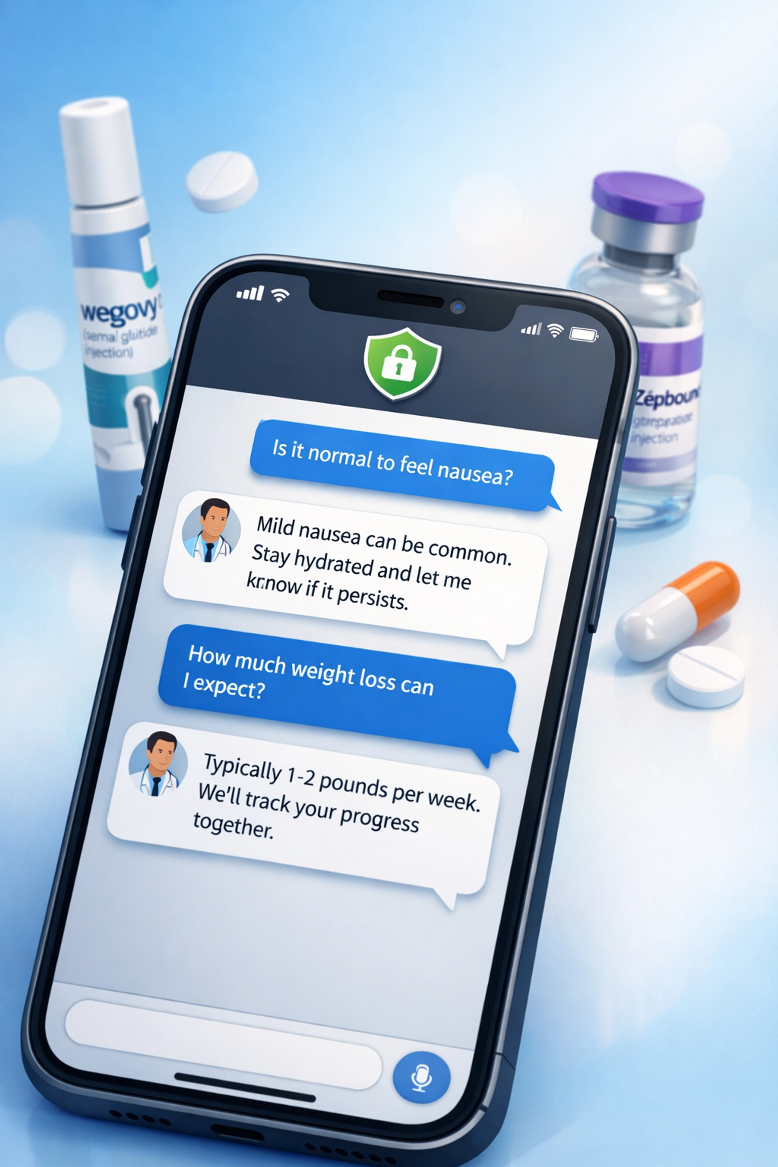 Smartphone displaying secure medical chat for Wegovy and Zepbound online prescription consultation