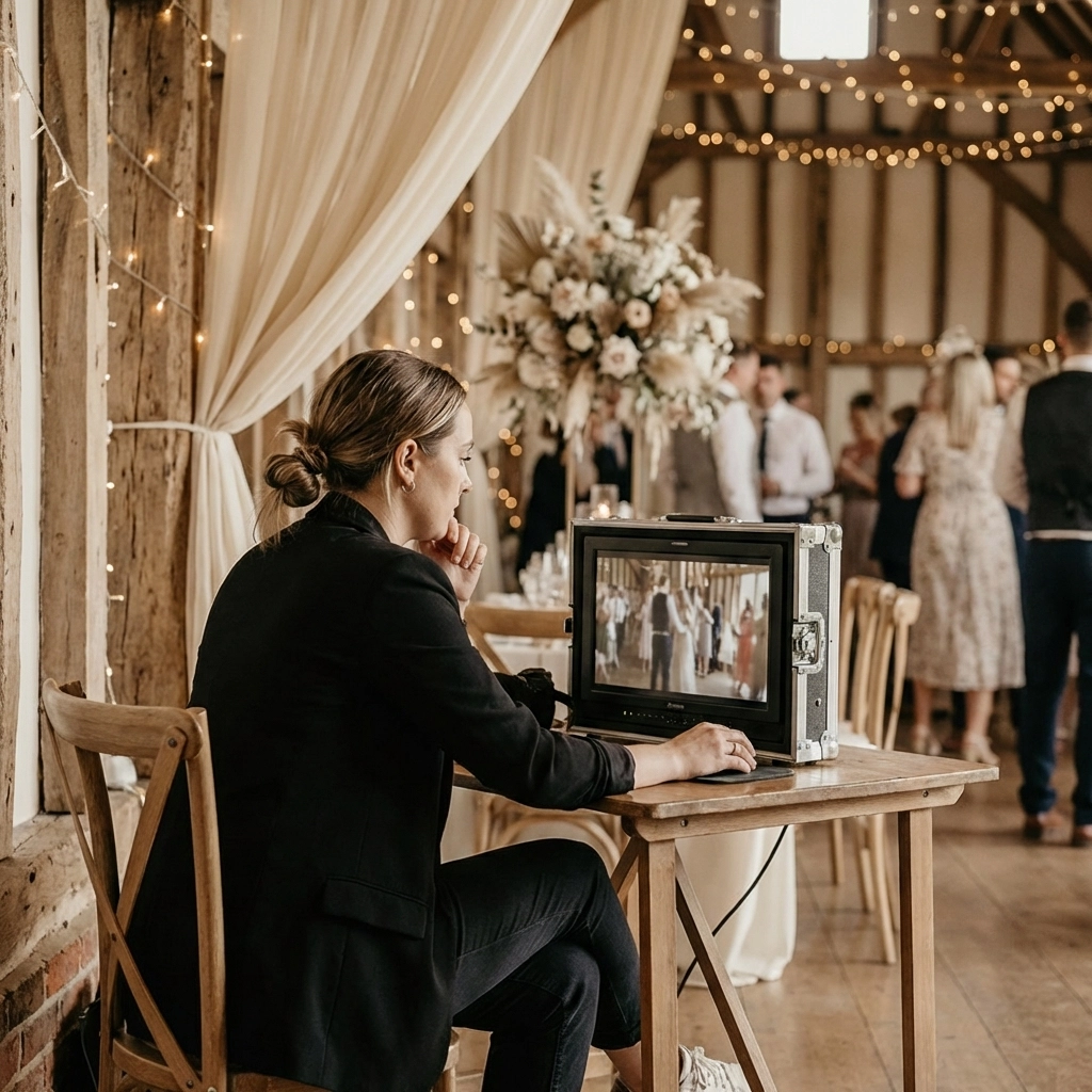 Female wedding videographer reviews footage during an elegant Oregon reception, illustrating storytelling process.