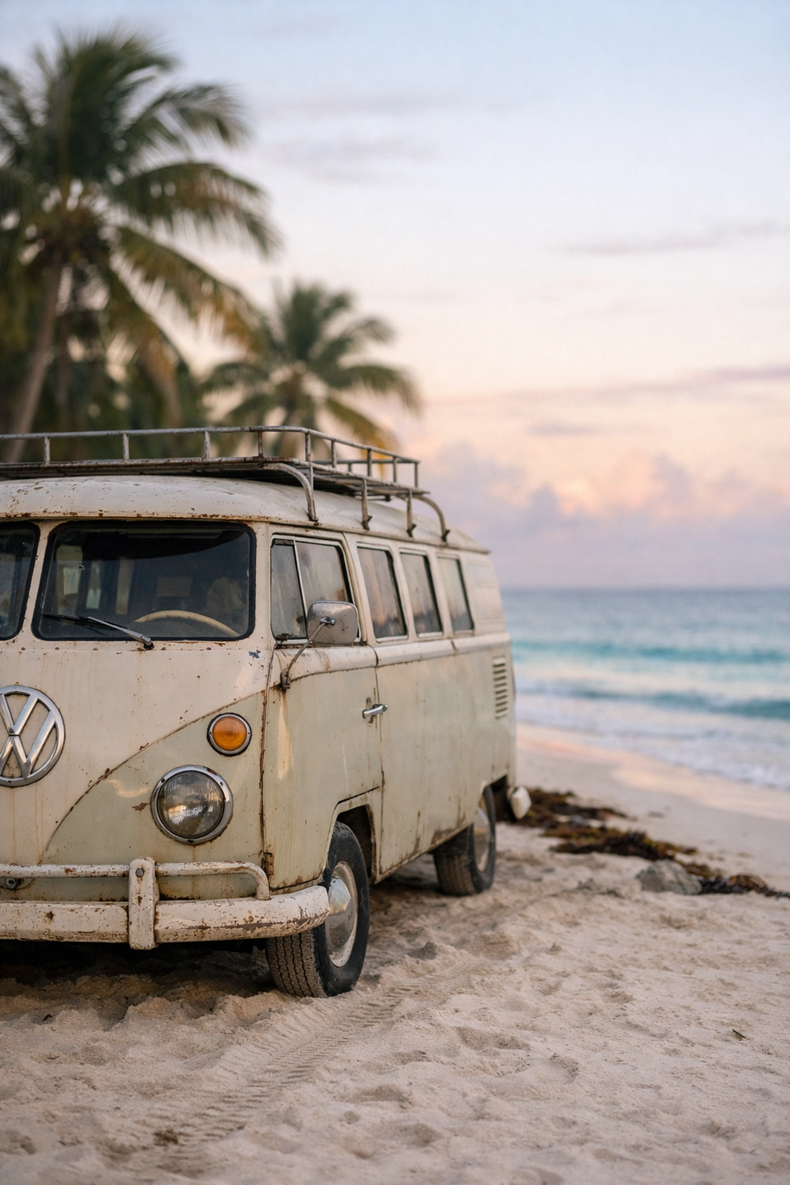 Vintage VW bus on a Tulum, Mexico beach at sunrise, showing fine art editing with soft bokeh effects.