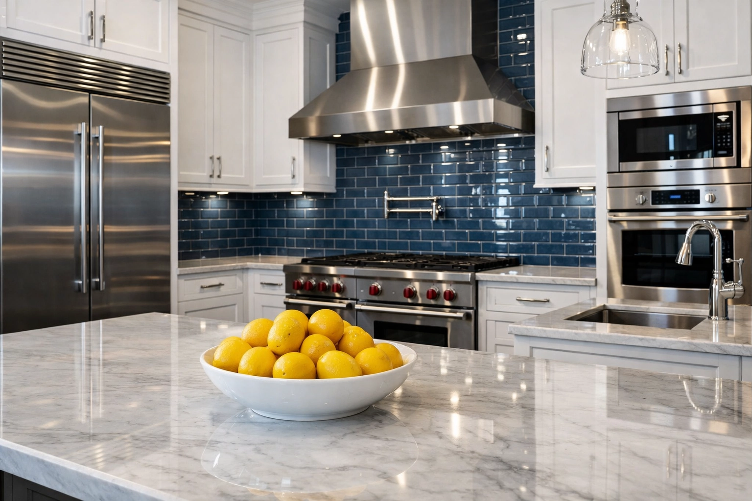 Luxury kitchen with sparkling appliances and white cabinets following a professional deep cleaning Walpole service.