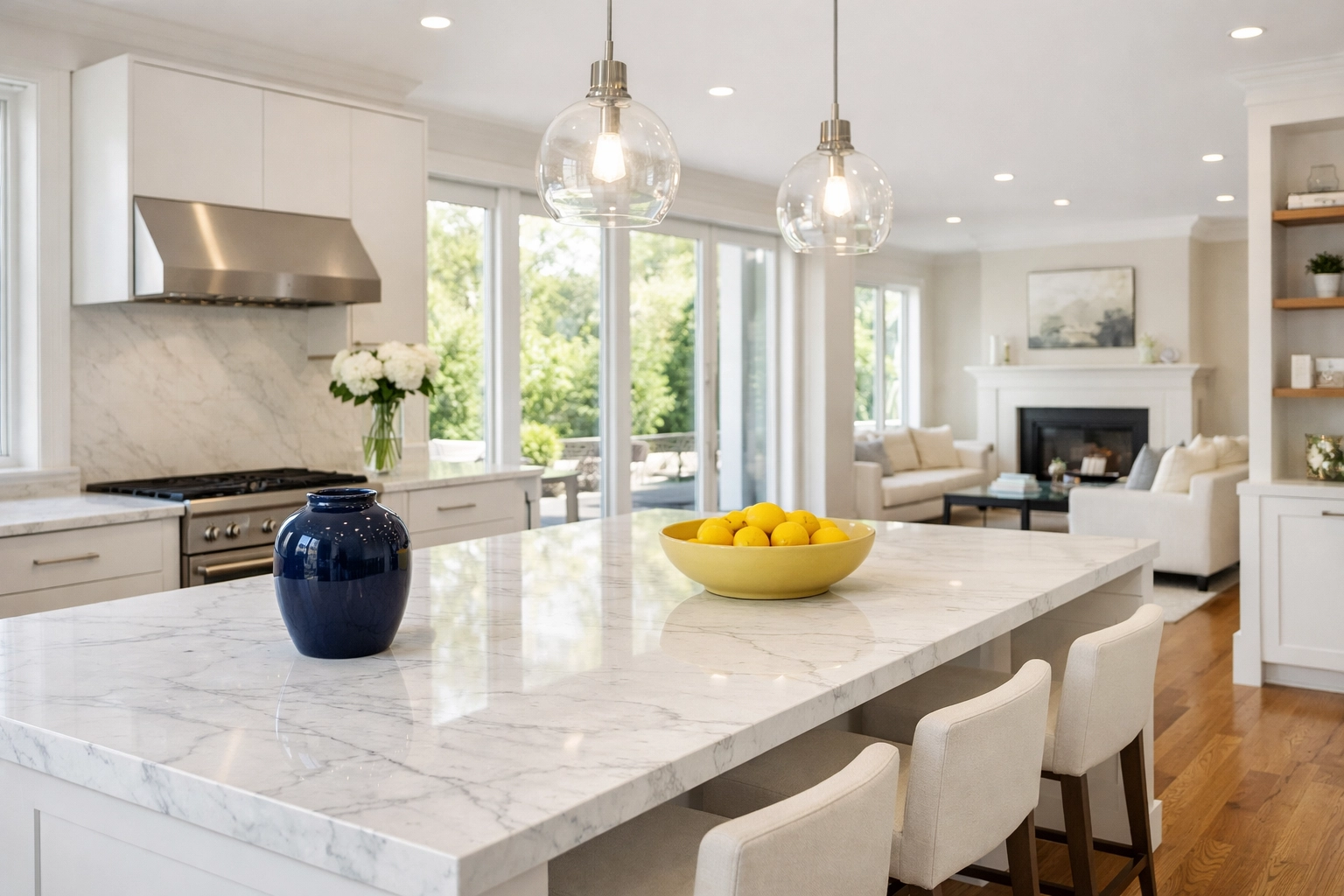 Pristine open-concept kitchen in a luxury Lincoln MA estate after a professional house cleaning.