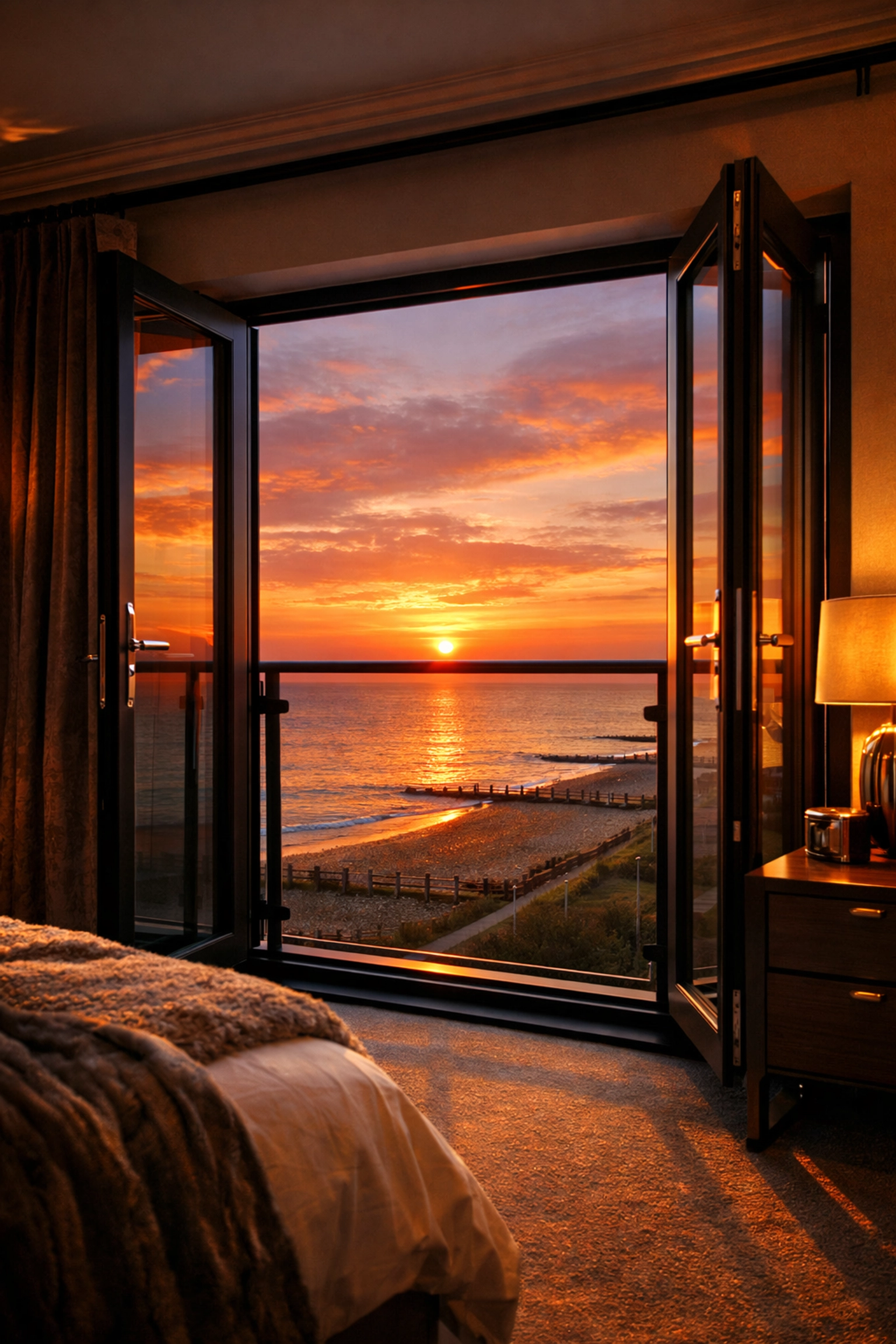 Luxury second-floor suite in Bognor Regis with a Juliet balcony and high-performance coastal windows.