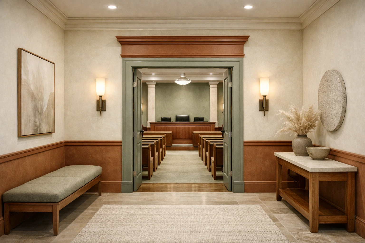 Neutral courthouse interior in a warm terracotta, sage, and cream Business Boho palette representing military divorce Quantico jurisdiction and venue.