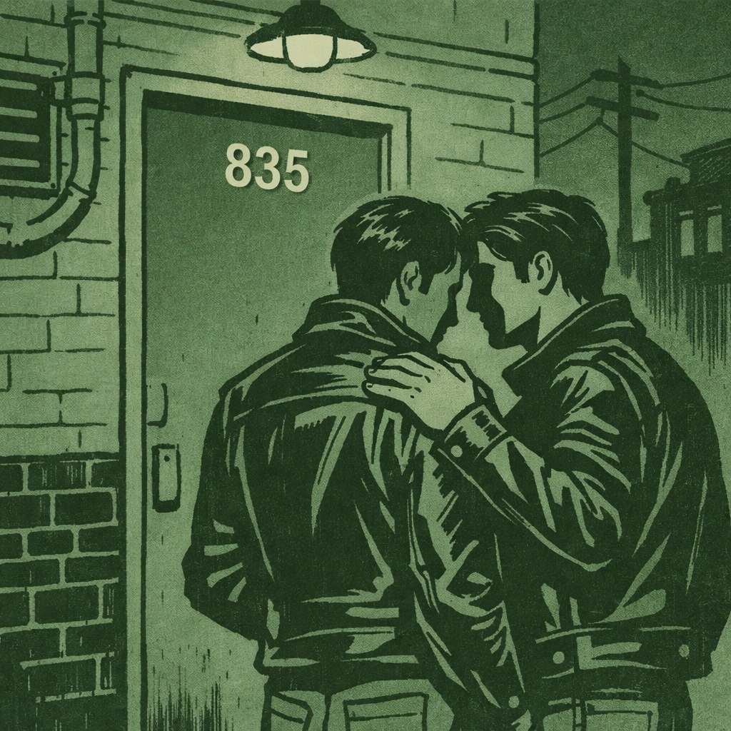 Two men in leather jackets outside The Mineshaft's unmarked entrance at 835 Washington Street, 1970s NYC