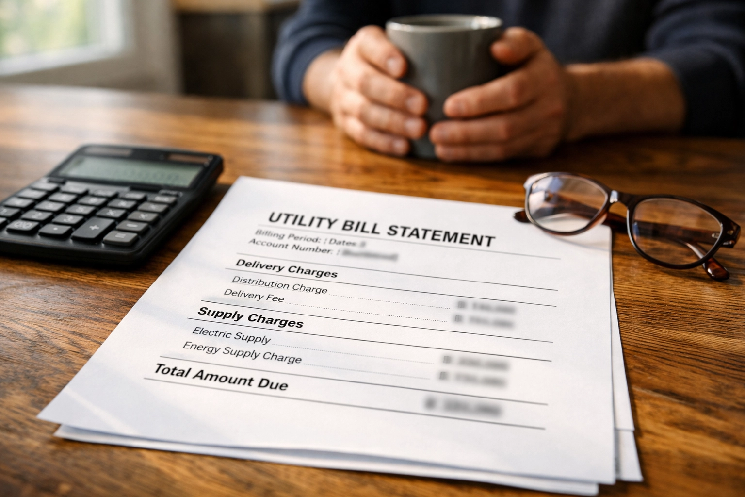 National Grid utility bill showing delivery and supply charges with calculator on table