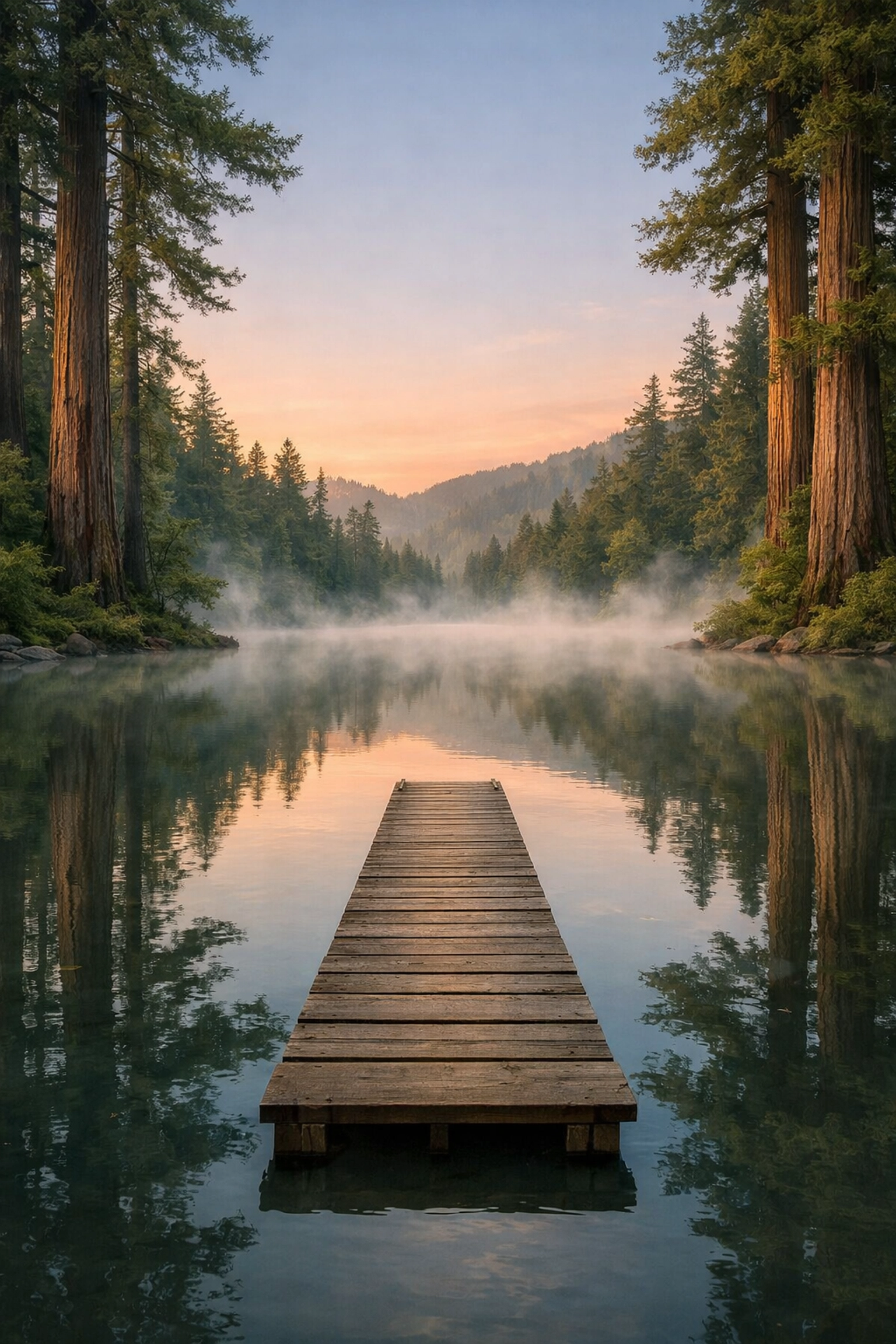 A peaceful lake at dawn with a wooden pier, symbolizing a clear path forward in conscious leadership.