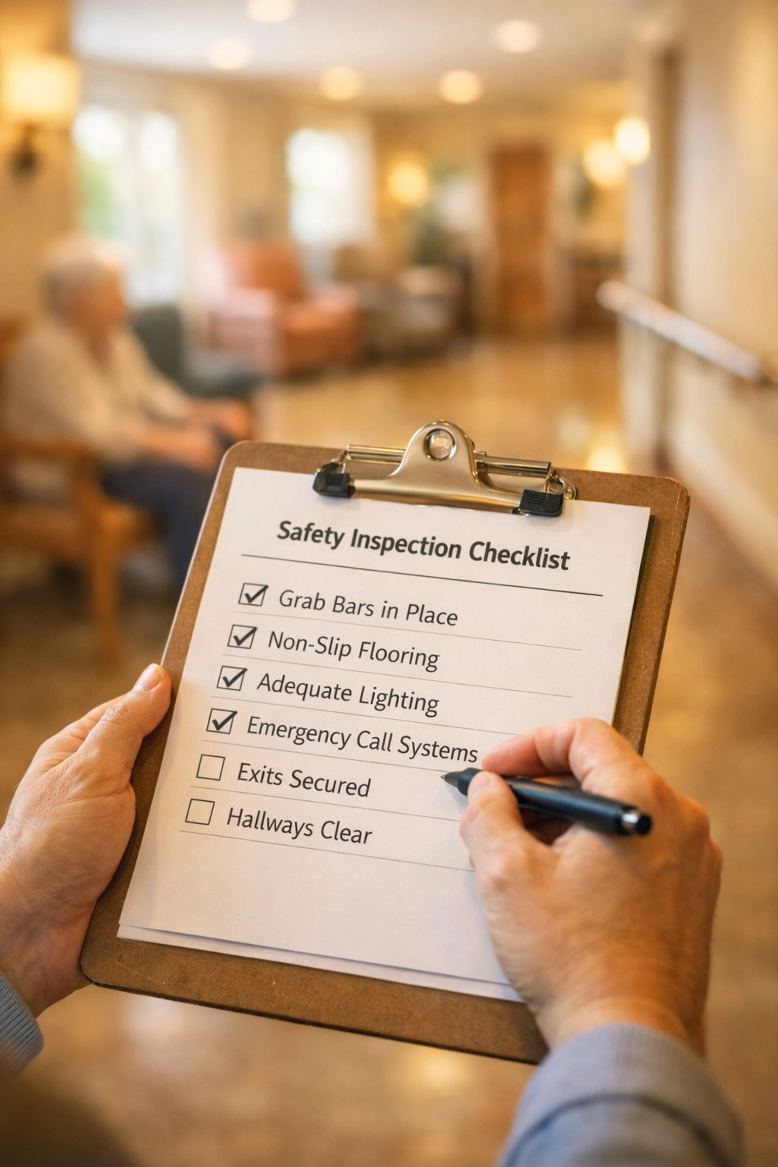 Safety checklist review at Sarasota memory care facility with secure common area