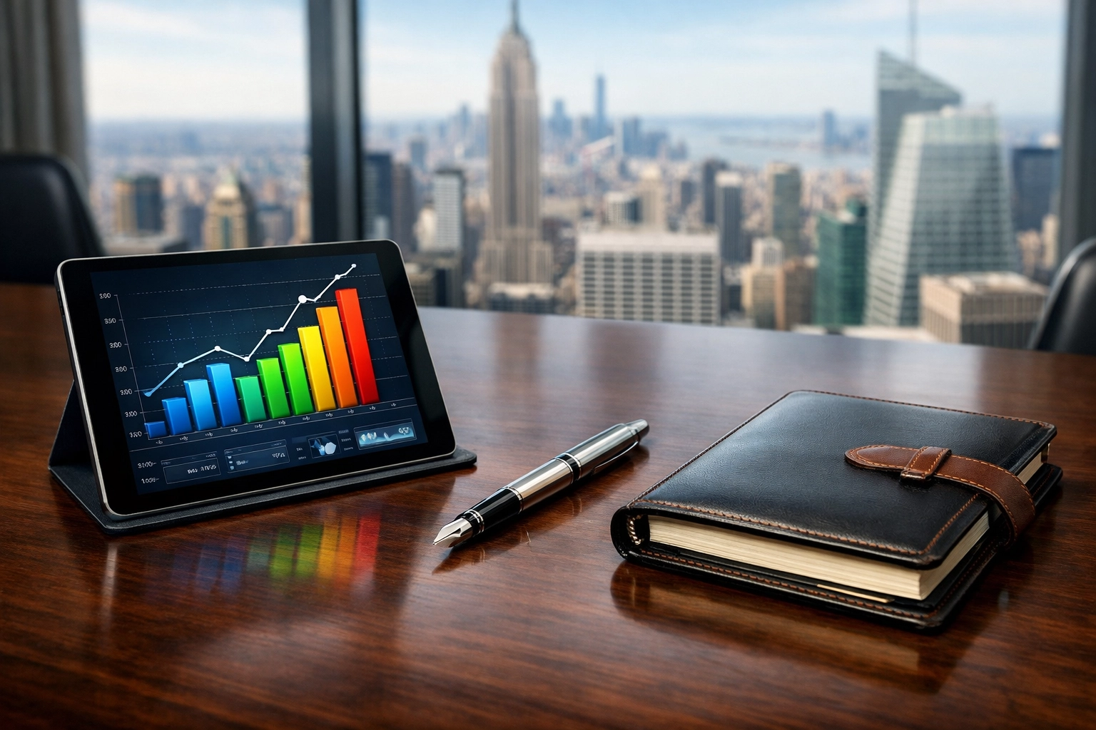 Executive branding strategy tools and data charts on a boardroom table overlooking the city.