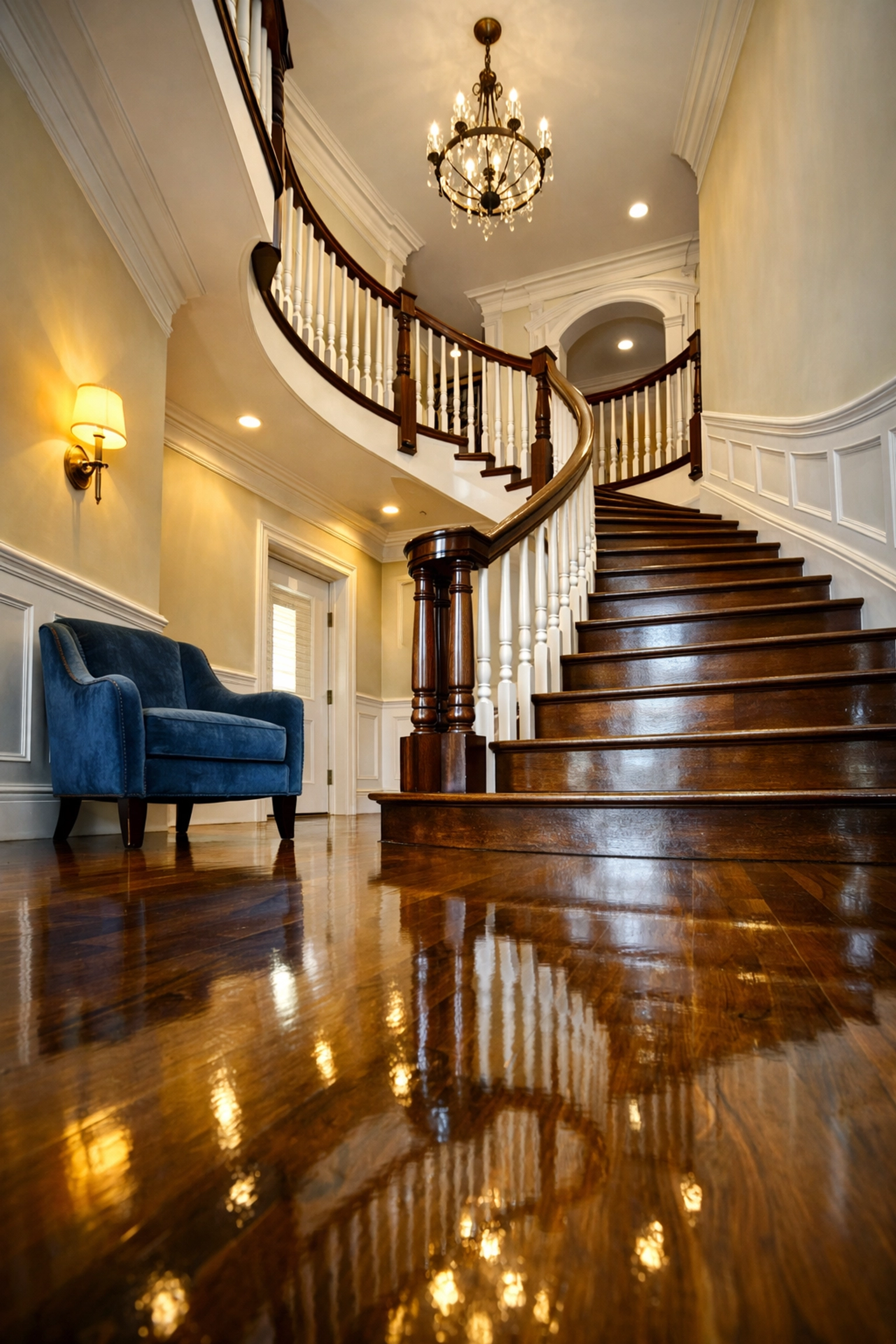 Pristine hardwood foyer and staircase in a Sudbury MA estate cleaned by The Cleaning Ninjas.