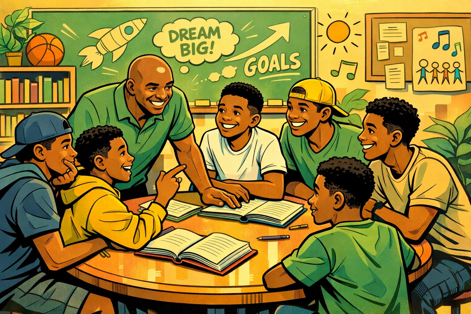 Young Black men participating in a community reading discussion with Professor Antonio.