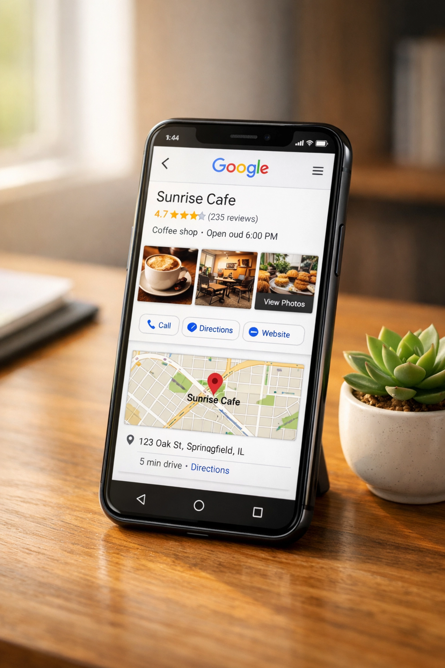 Google Business Profile displayed on smartphone showing local business listing and reviews