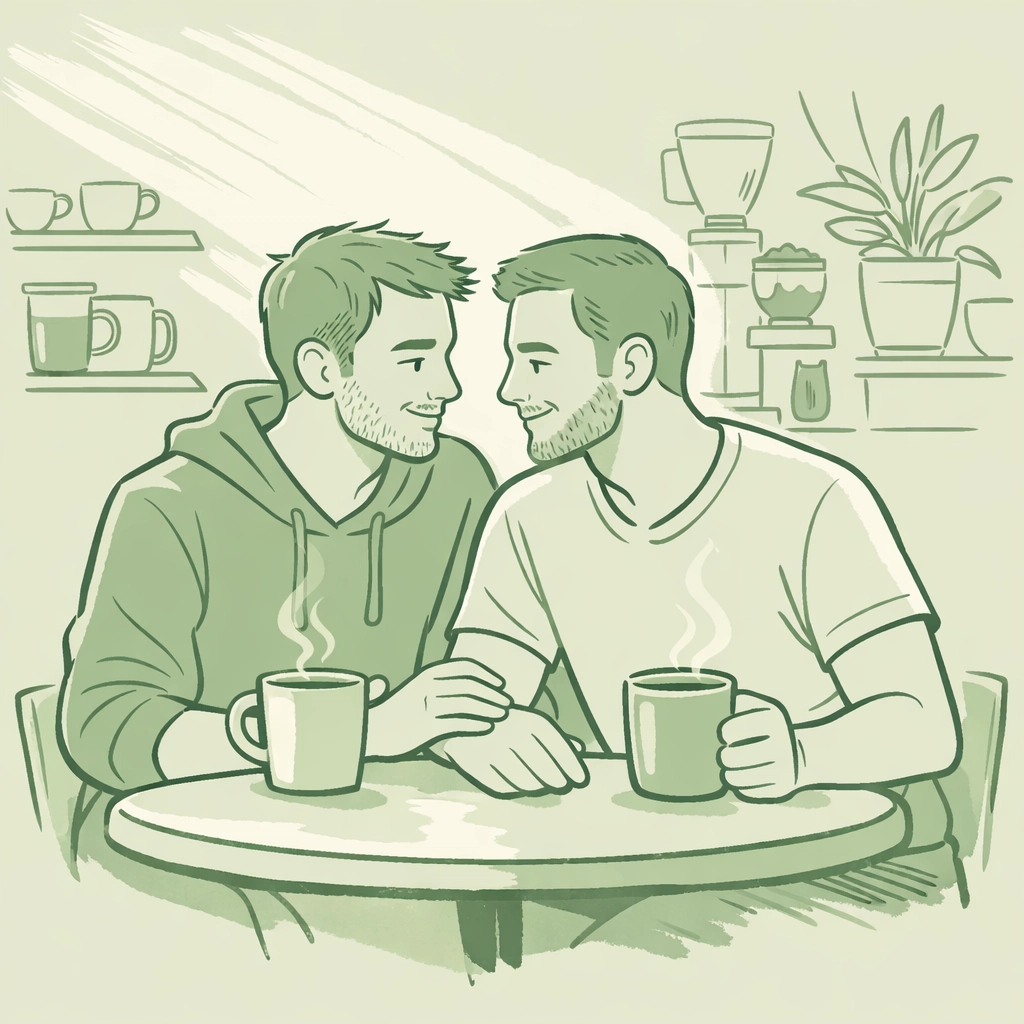 Gay men connecting over coffee in substance-free LGBTQ+ social space