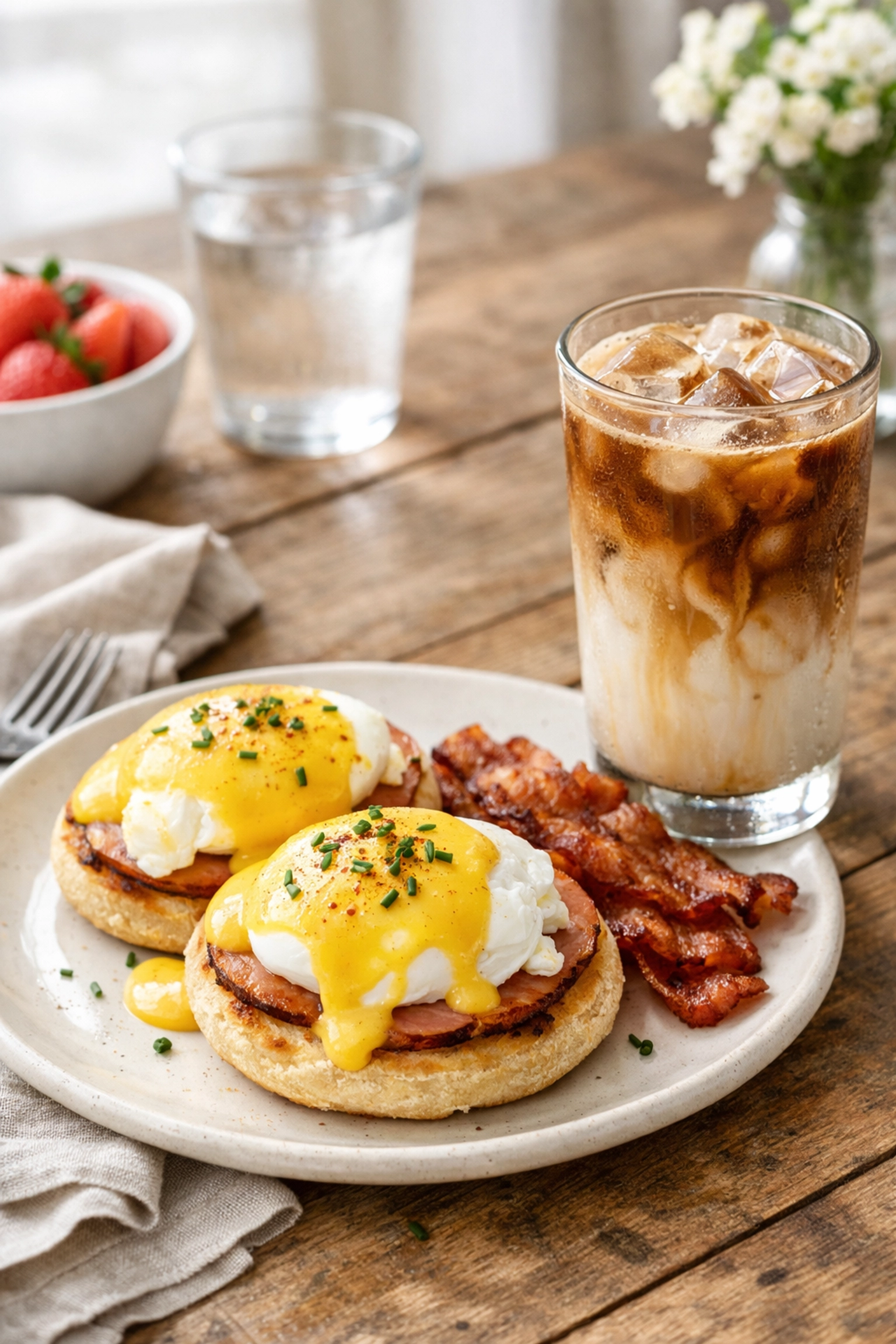 Savoury Eggs Benedict on a rustic table paired with a refreshing iced latte for brunch.