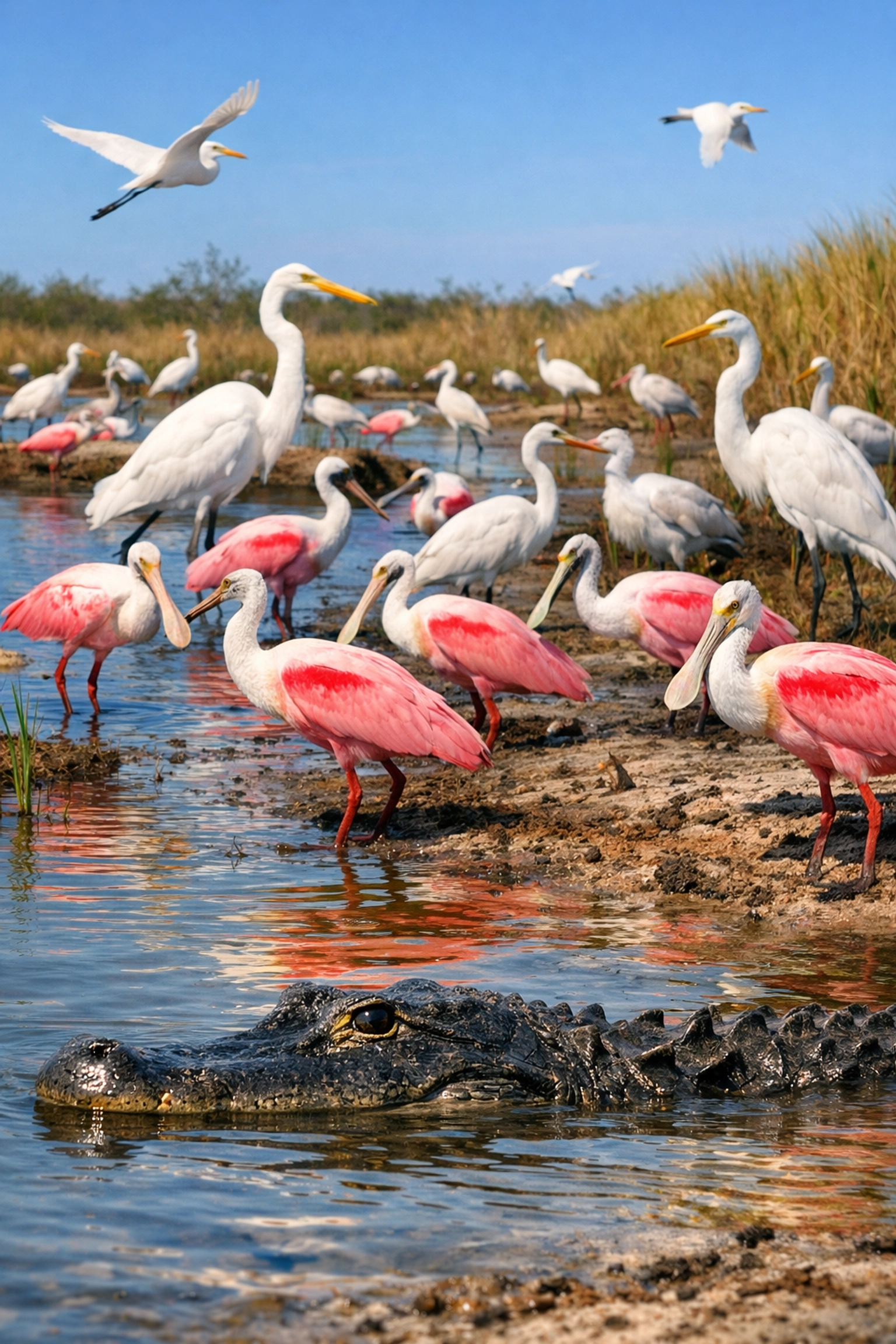 Roseate Spoonbills and an alligator at a water hole during the Everglades dry season.