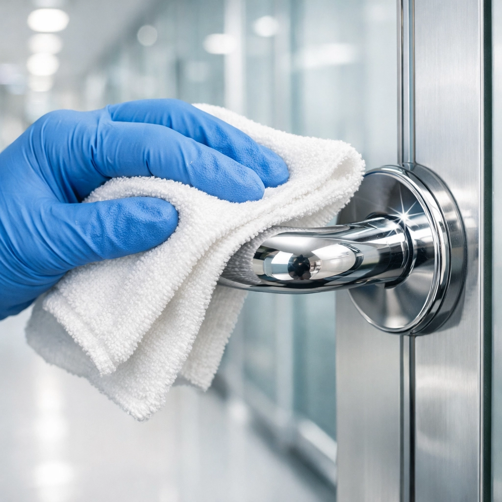 Professional sanitization of office door handles to prevent the spread of germs in the workplace.