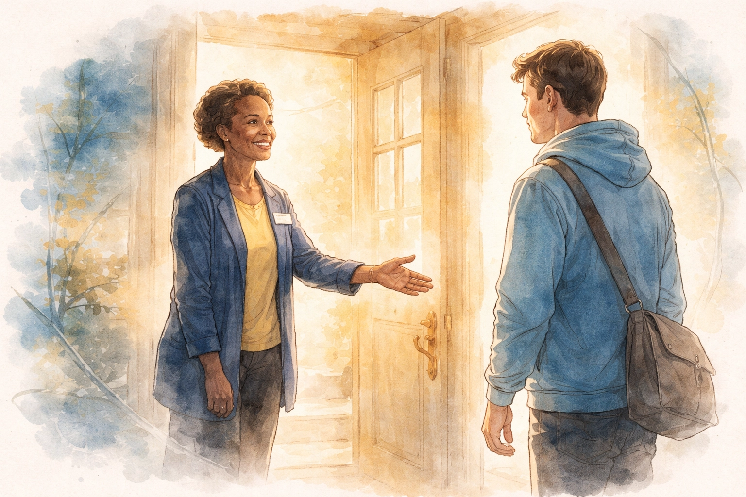 Watercolor illustration of a church greeter welcoming a guest, symbolizing kindness and connection in church care.