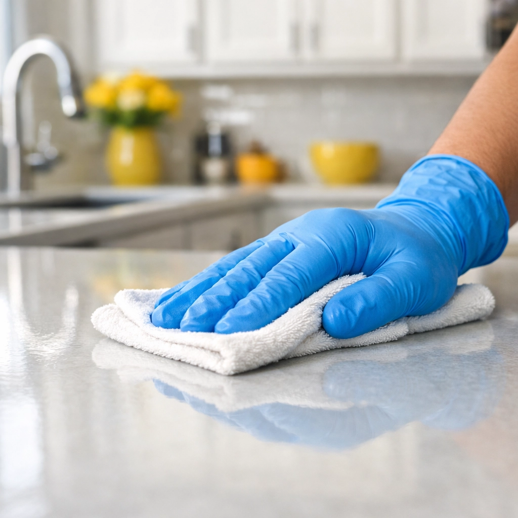 Close-up of professional cleaning in Marlborough with a detailed wipe of an upscale countertop.