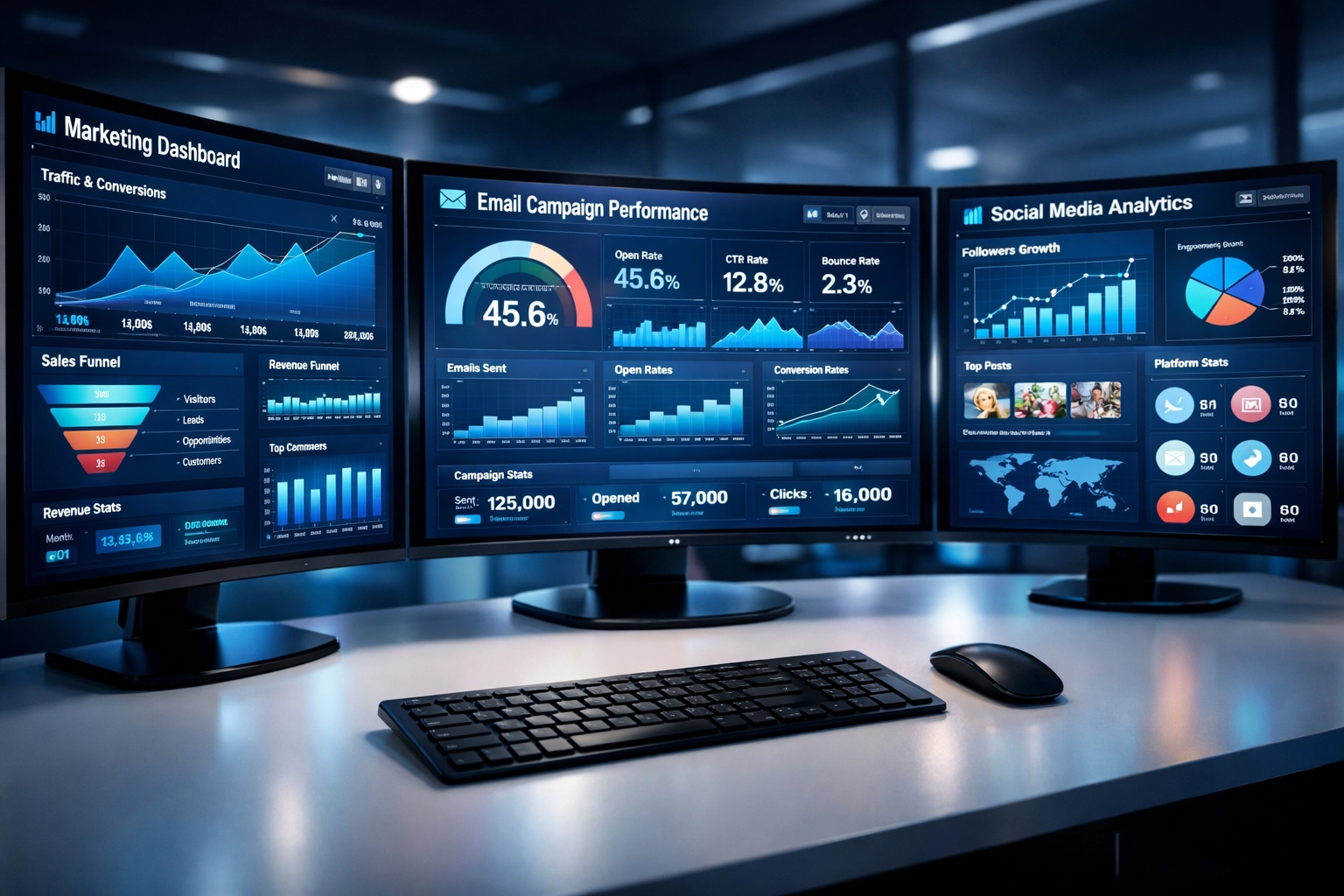 Marketing automation platform displaying analytics dashboards and campaign metrics