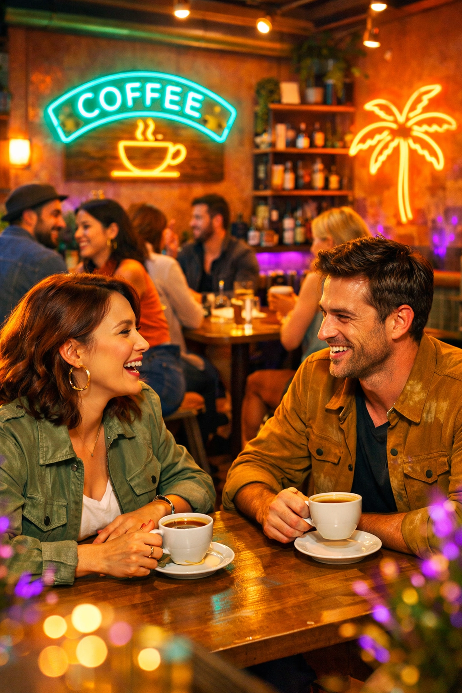 Two people having an engaging face-to-face conversation at a coffee shop instead of texting