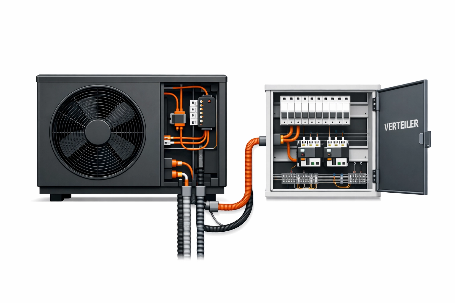 Wärmepumpe Außeneinheit mit Stromverteiler und elektrischen Anschlüssen für Notdienst Wien