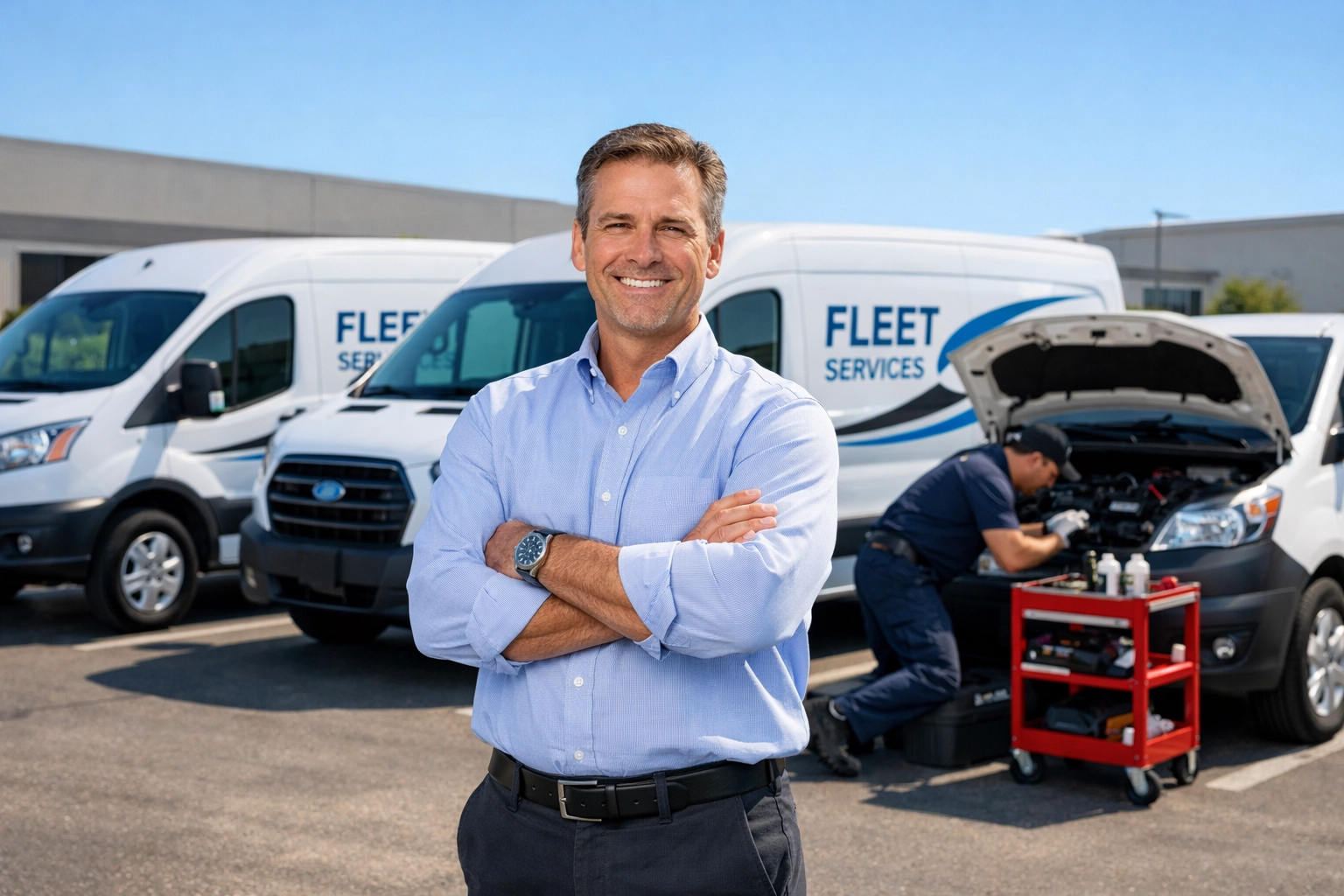 Fleet maintenance service with mobile mechanic servicing company vehicles