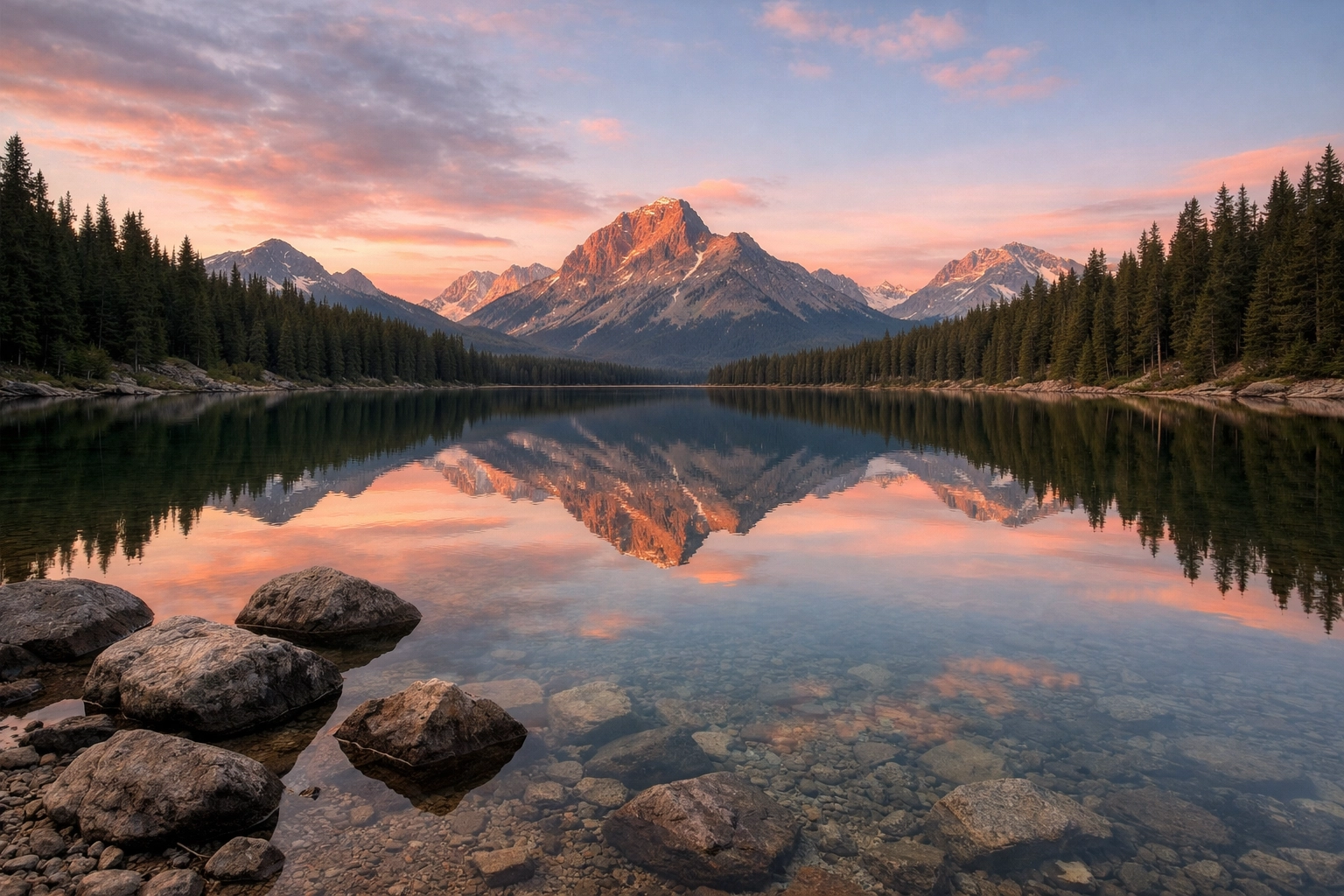 Landscape photo of a mountain lake at sunrise with natural colors, showing proper photo editing techniques.