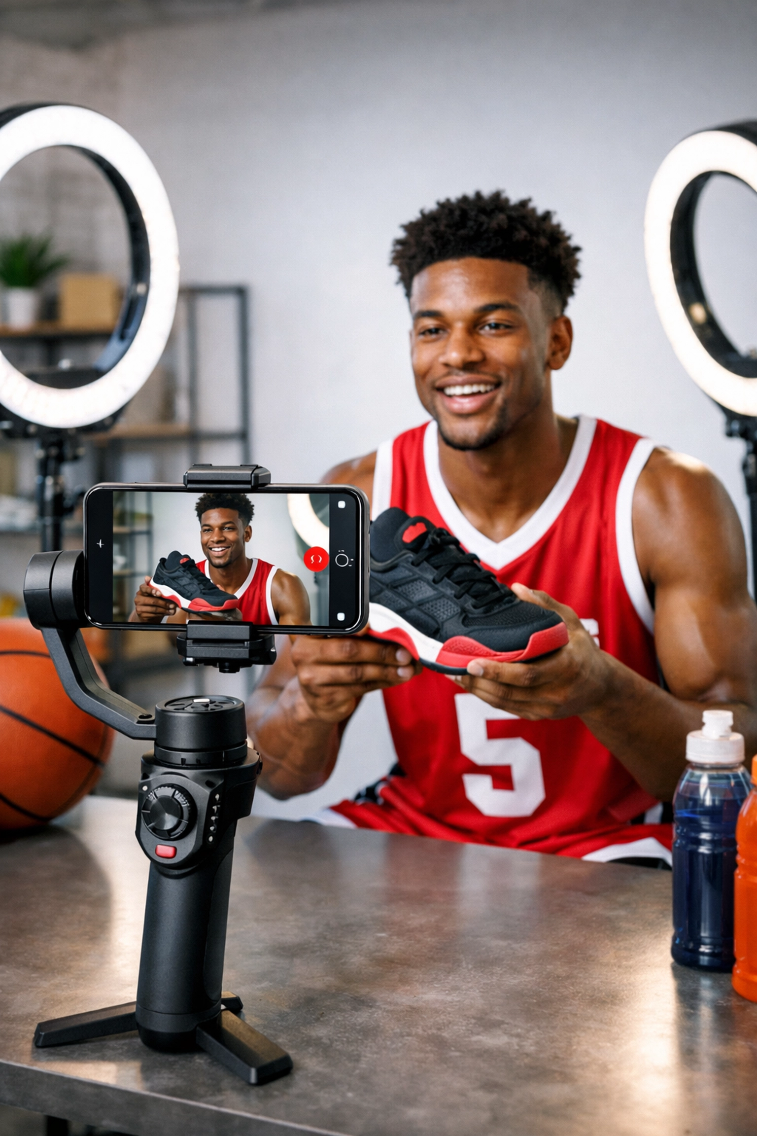 College basketball player filming NIL endorsement video content for Fortune 100 brand