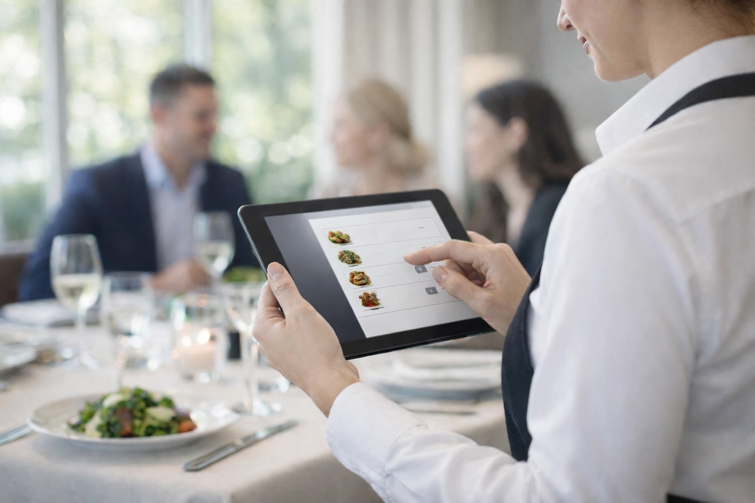 Server using tablet for tableside ordering at restaurant with natural lighting