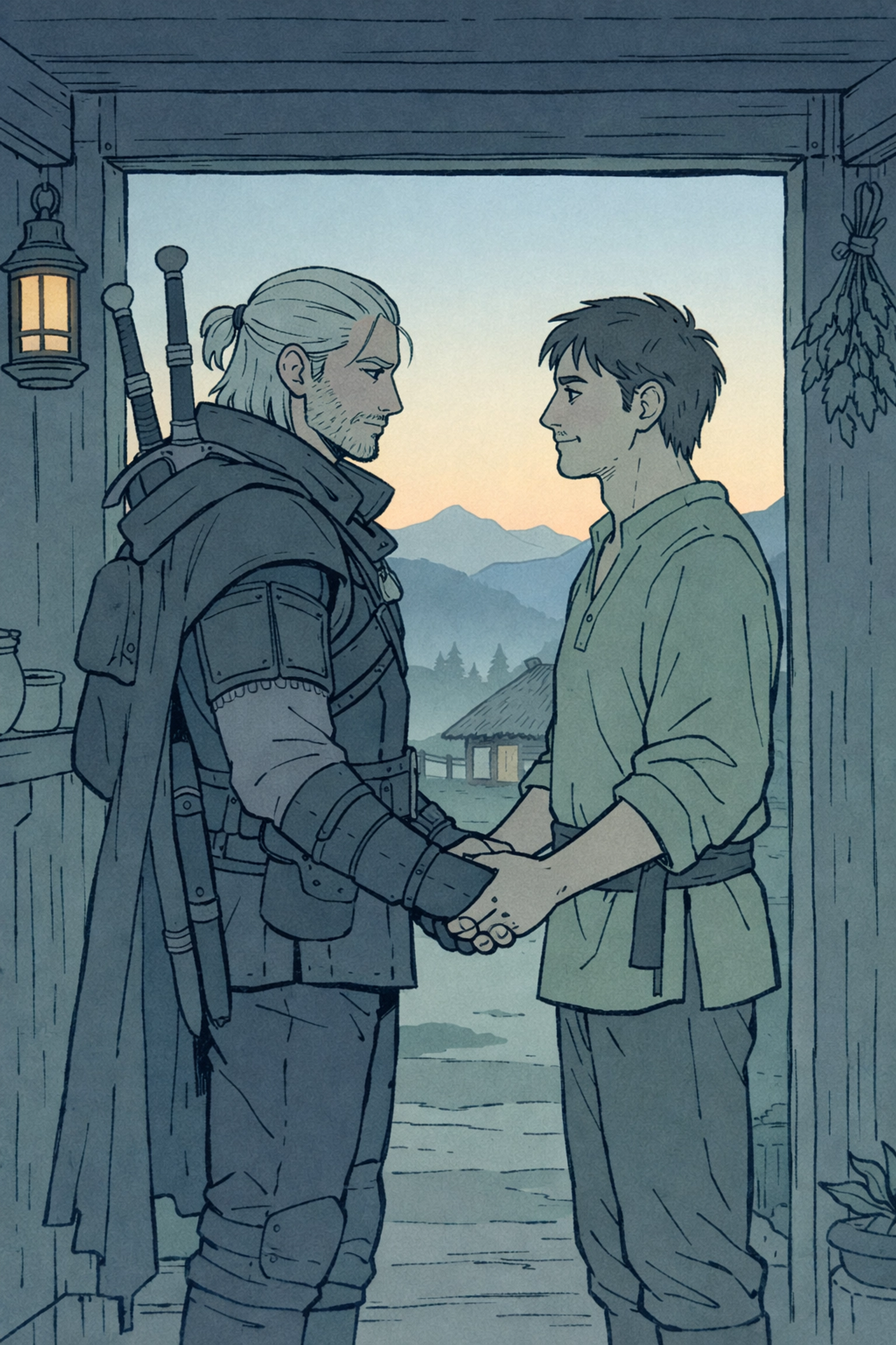 Two men holding hands at cottage doorway at dawn - gay fantasy romance bittersweet farewell