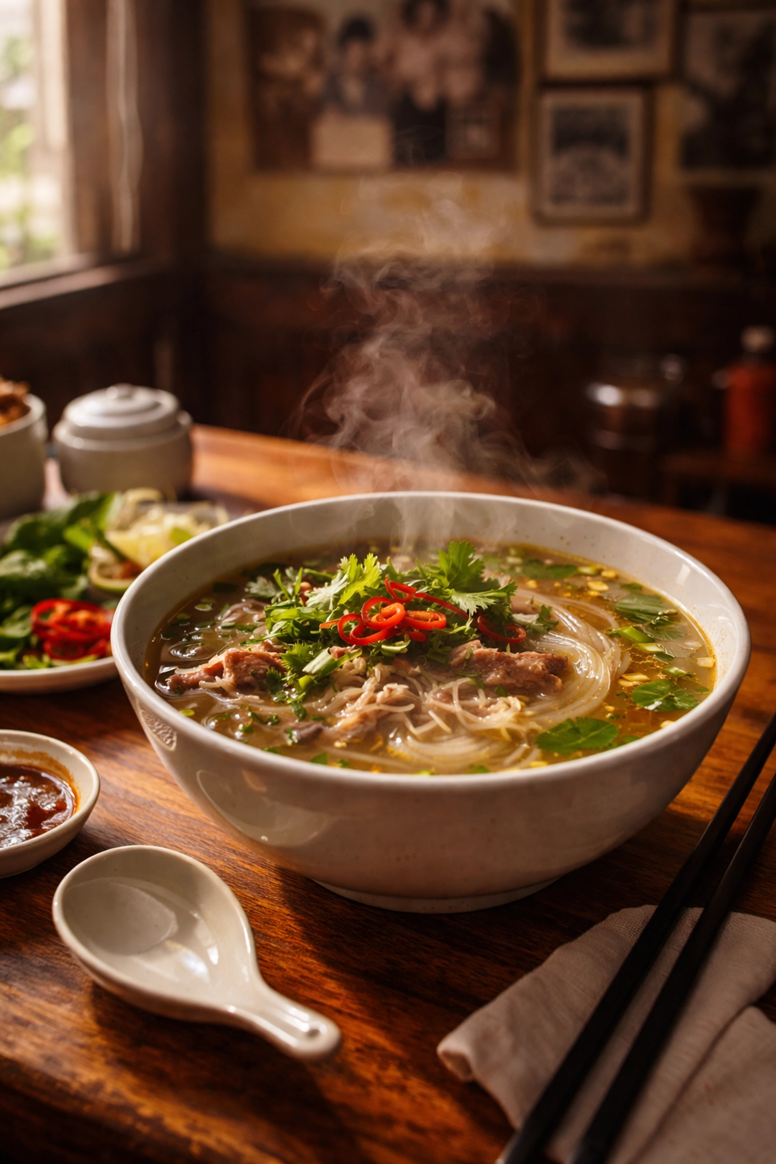 Steaming bowl of authentic Vietnamese pho showcasing Turtle Tower's signature recipe and brand equity